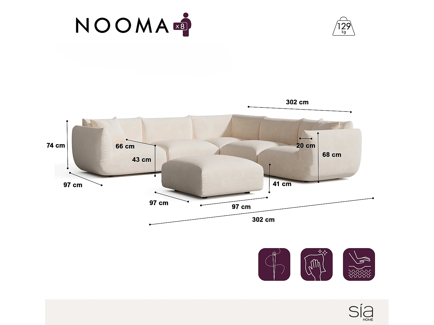 Canapé d'angle panoramique modulable 8 places NOOMA en velours chenillé