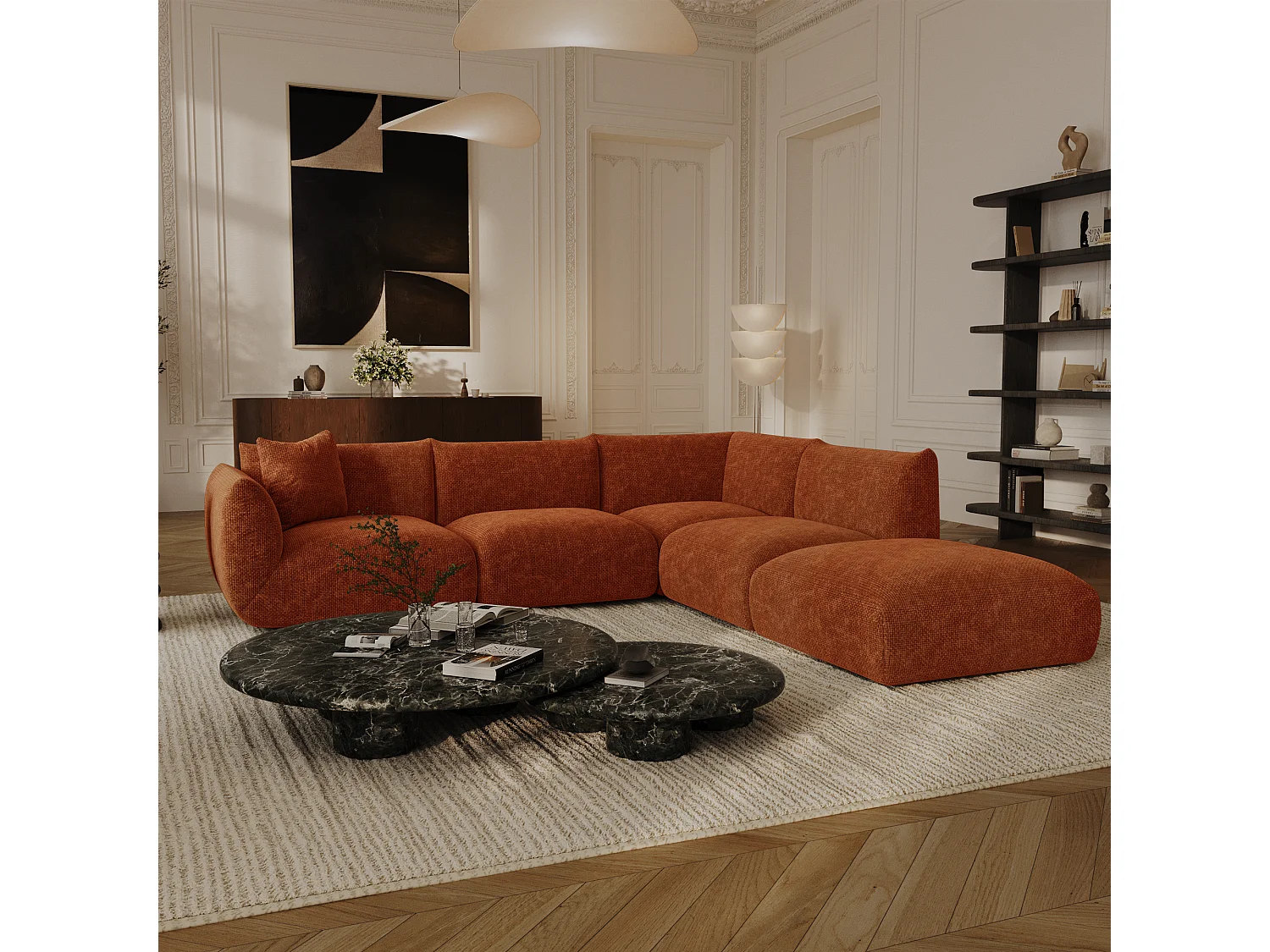 Canapé grand angle droit modulable 7 places NOOMA en velours chenillé