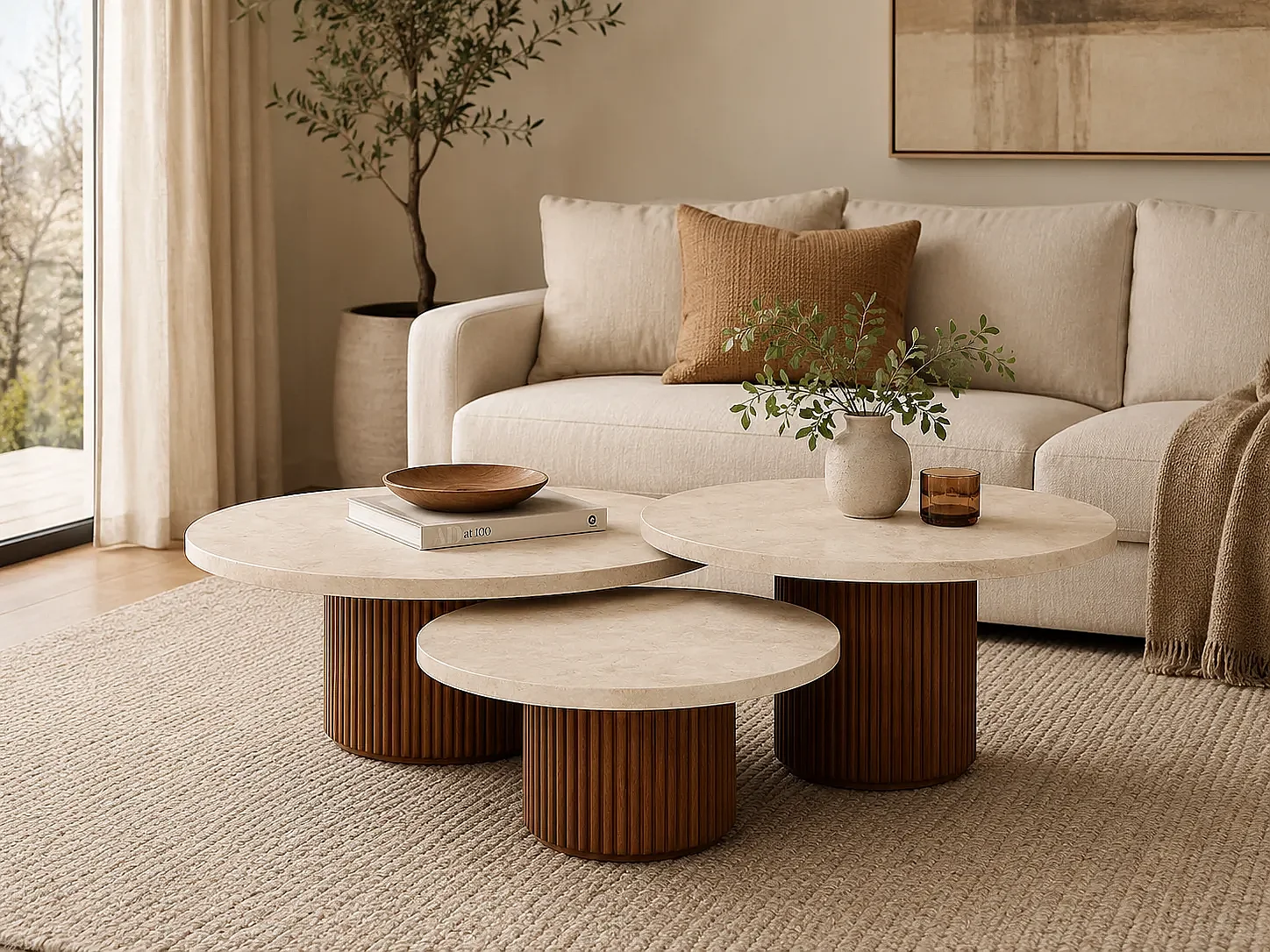 Table basse trio AKASSIA en Travertin et Bois