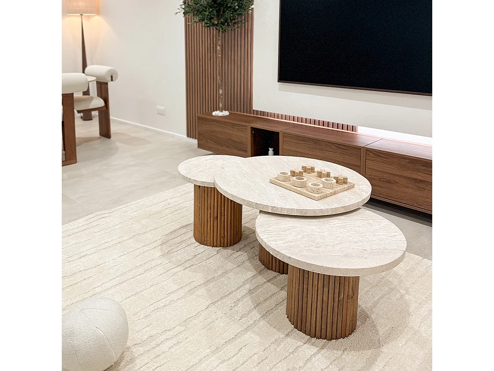 Table basse trio AKASSIA en Travertin et Bois