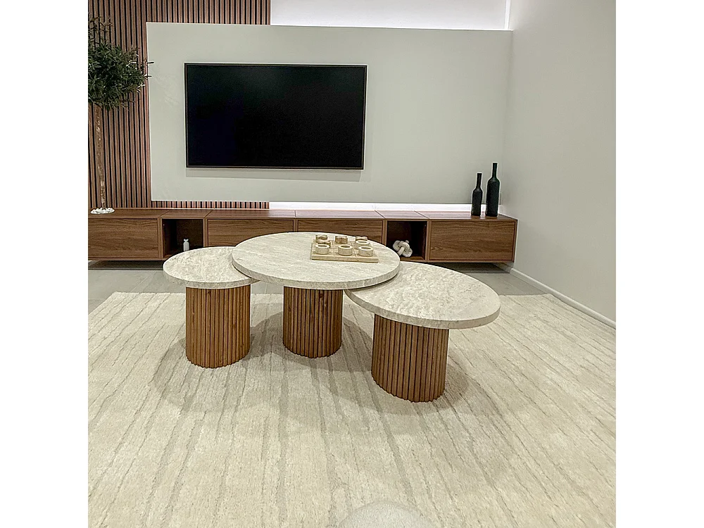 Table basse trio AKASSIA en Travertin et Bois
