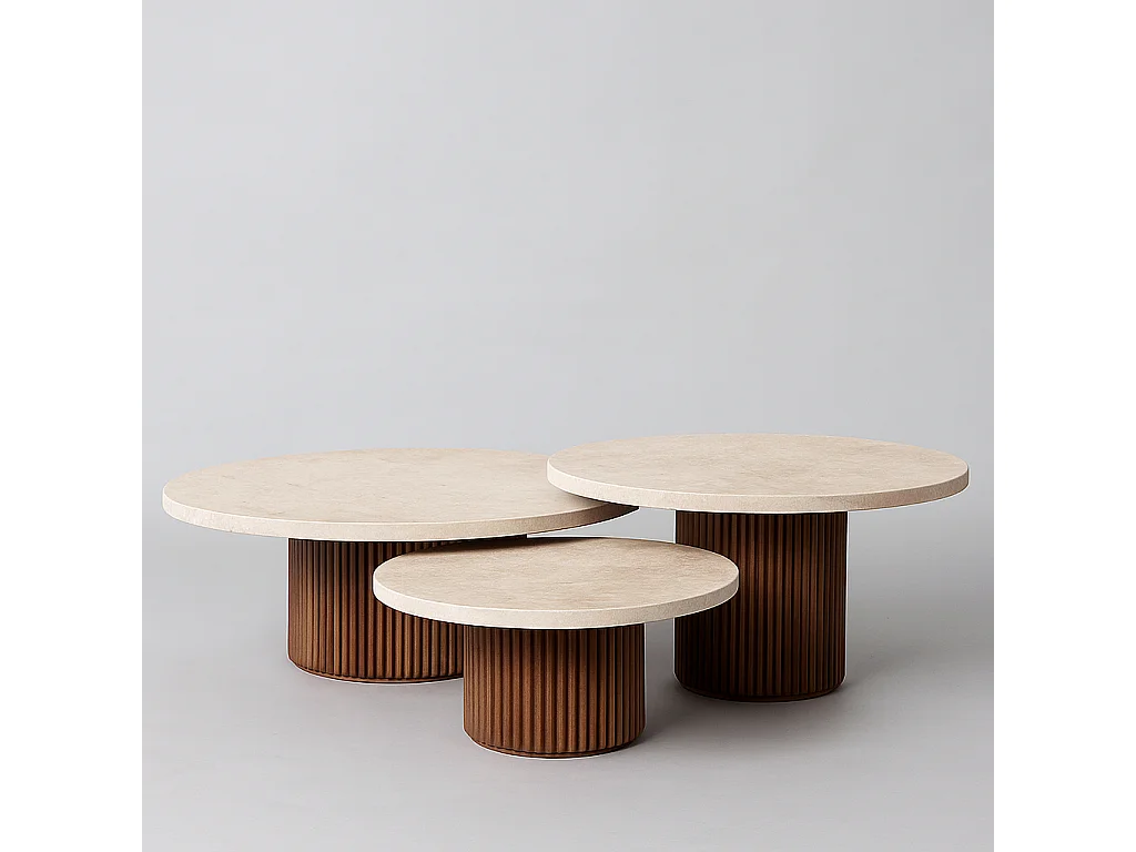 Table basse trio AKASSIA en Travertin et Bois