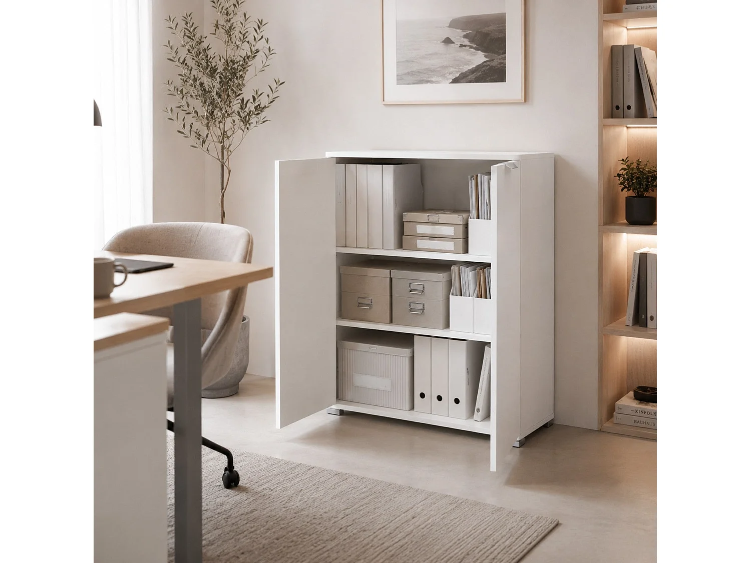 The White Stone Underskap 2 Dører Hvit Ferdig Montert | Plassbesparende Skap 75×85×38 cm | Bad- og Vaskeromsskap med Justerbare Hyller og Melaminbelagt Struktur