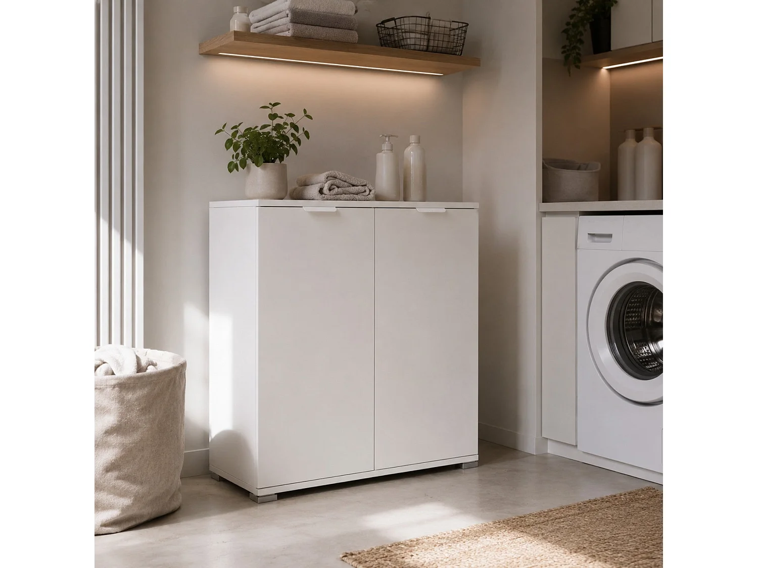 The White Stone Underskap 2 Dører Hvit Ferdig Montert | Plassbesparende Skap 75×85×38 cm | Bad- og Vaskeromsskap med Justerbare Hyller og Melaminbelagt Struktur
