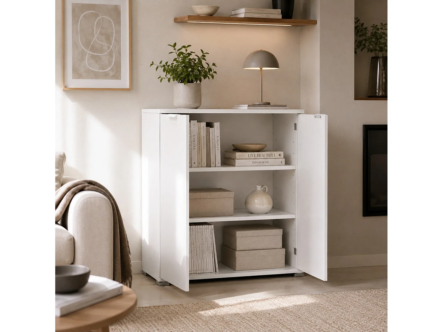 The White Stone Underskap 2 Dører Hvit Ferdig Montert | Plassbesparende Skap 75×85×38 cm | Bad- og Vaskeromsskap med Justerbare Hyller og Melaminbelagt Struktur