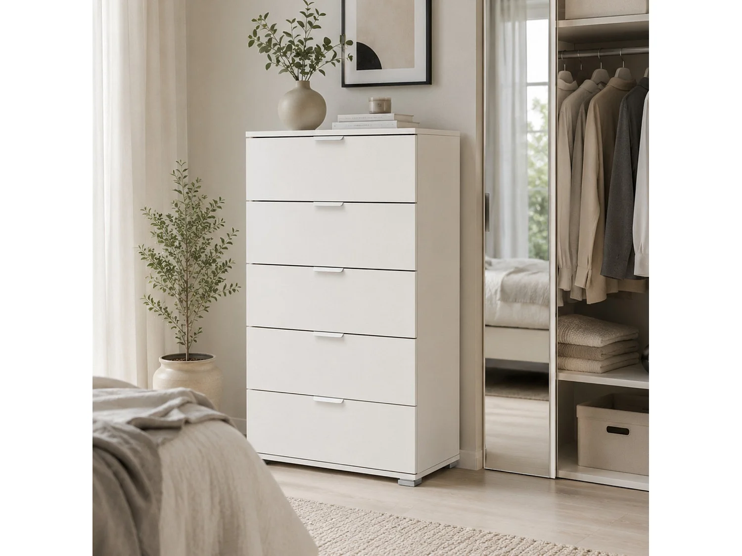 The White Stone Kommode 5 Schubladen weiß vormontiert | Moderner Nachtschrank für Schlafzimmer, Bad und Waschküche mit Gleitschienen