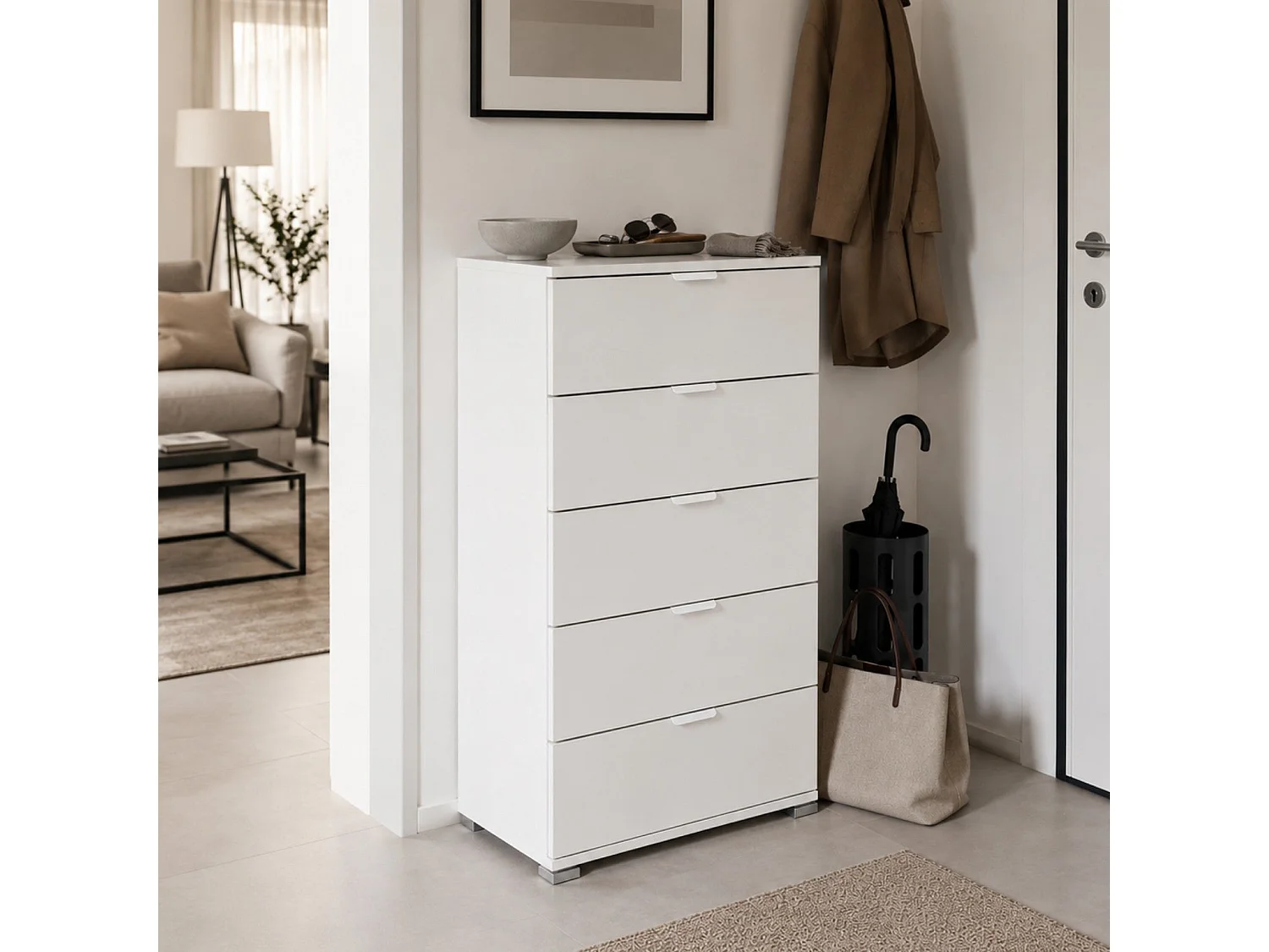 The White Stone Kommode 5 Schubladen weiß vormontiert | Moderner Nachtschrank für Schlafzimmer, Bad und Waschküche mit Gleitschienen