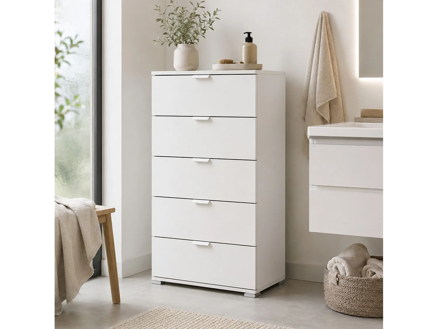 The White Stone Kommode 5 Schubladen weiß vormontiert | Moderner Nachtschrank für Schlafzimmer, Bad und Waschküche mit Gleitschienen
