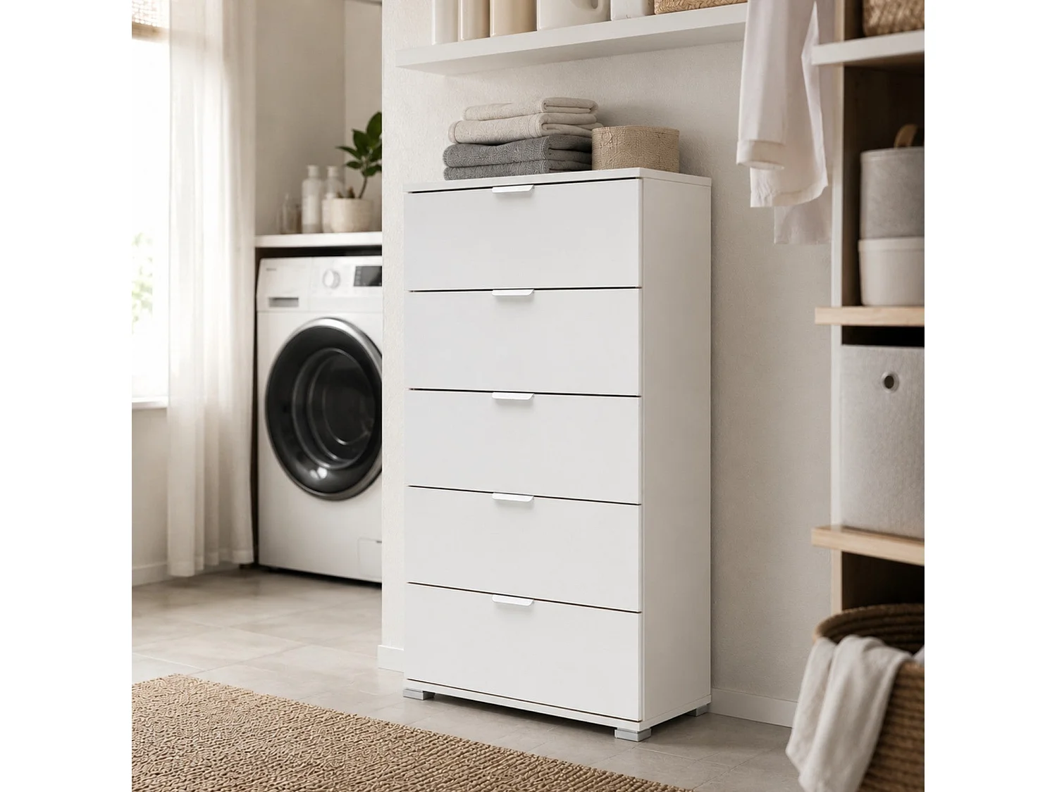 The White Stone Kommode 5 Schubladen weiß vormontiert | Moderner Nachtschrank für Schlafzimmer, Bad und Waschküche mit Gleitschienen