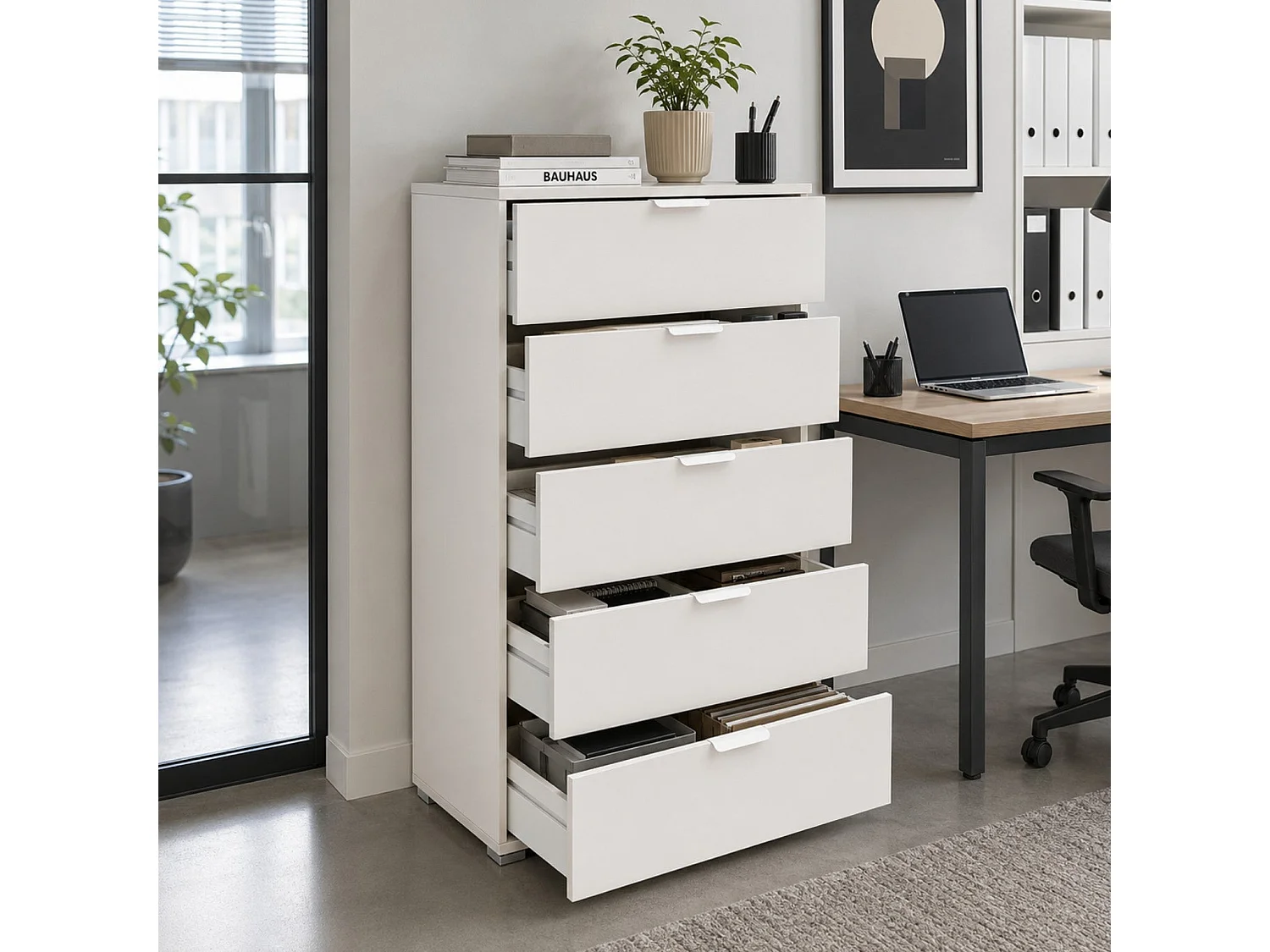 The White Stone Kommode 5 Schubladen weiß vormontiert | Moderner Nachtschrank für Schlafzimmer, Bad und Waschküche mit Gleitschienen