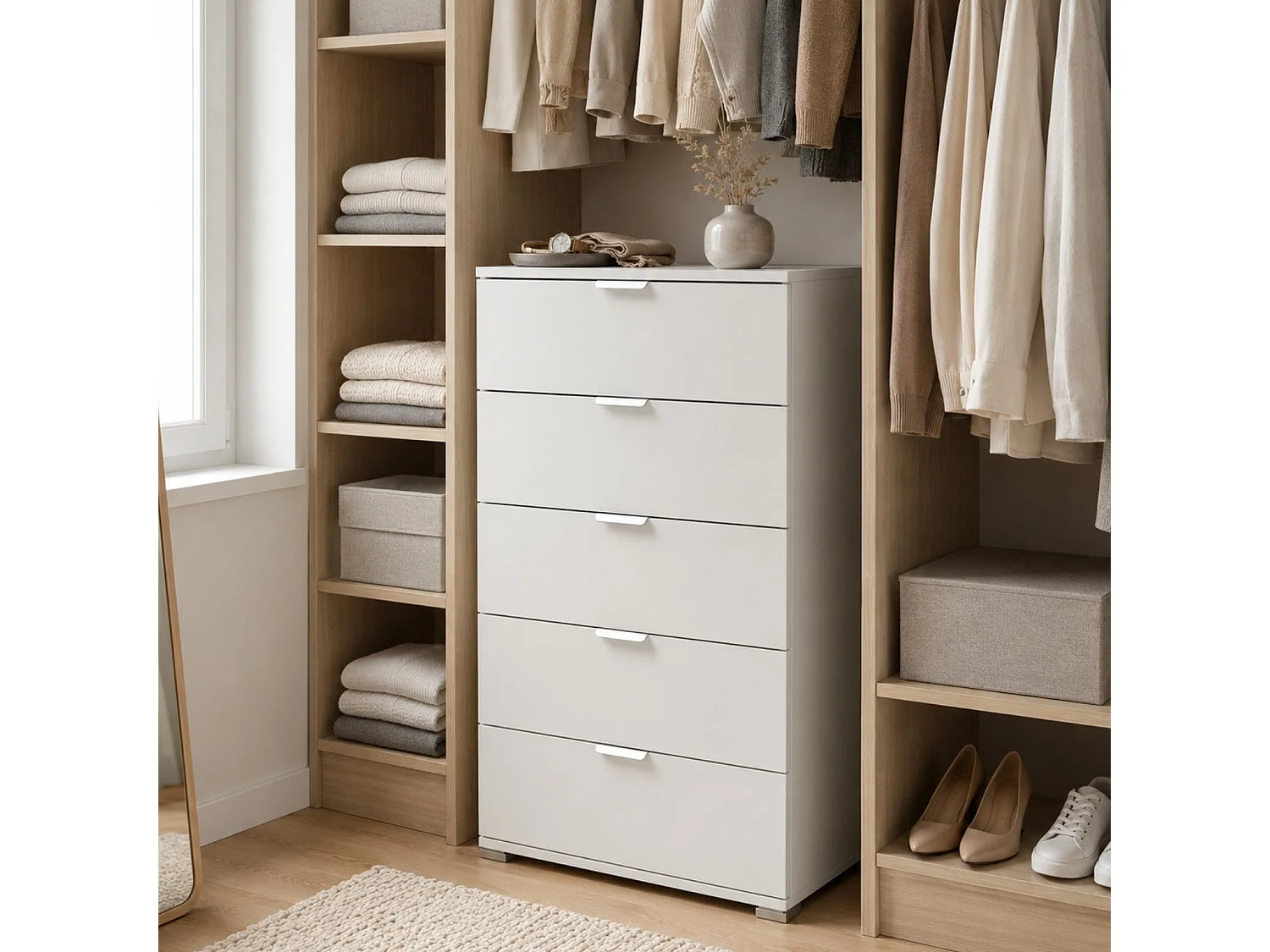 The White Stone Kommode 5 Schubladen weiß vormontiert | Moderner Nachtschrank für Schlafzimmer, Bad und Waschküche mit Gleitschienen
