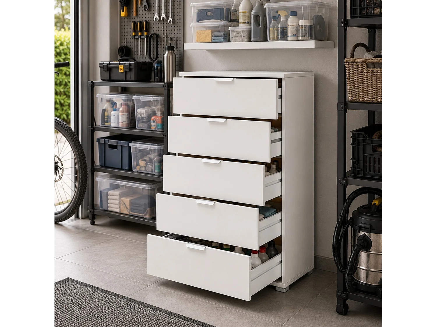 The White Stone Kommode 5 Schubladen weiß vormontiert | Moderner Nachtschrank für Schlafzimmer, Bad und Waschküche mit Gleitschienen