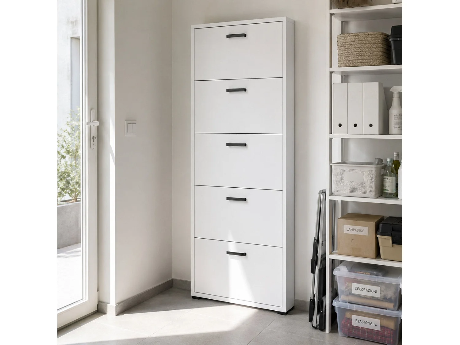 The White Stone Skoskap 5 Nedfellbare Luker Plassbesparende Hvit Betong Ferdig Montert | Høyt Skomøbel 75×186×18 cm | Slankt Moderne Skoskap til Entré og Gang