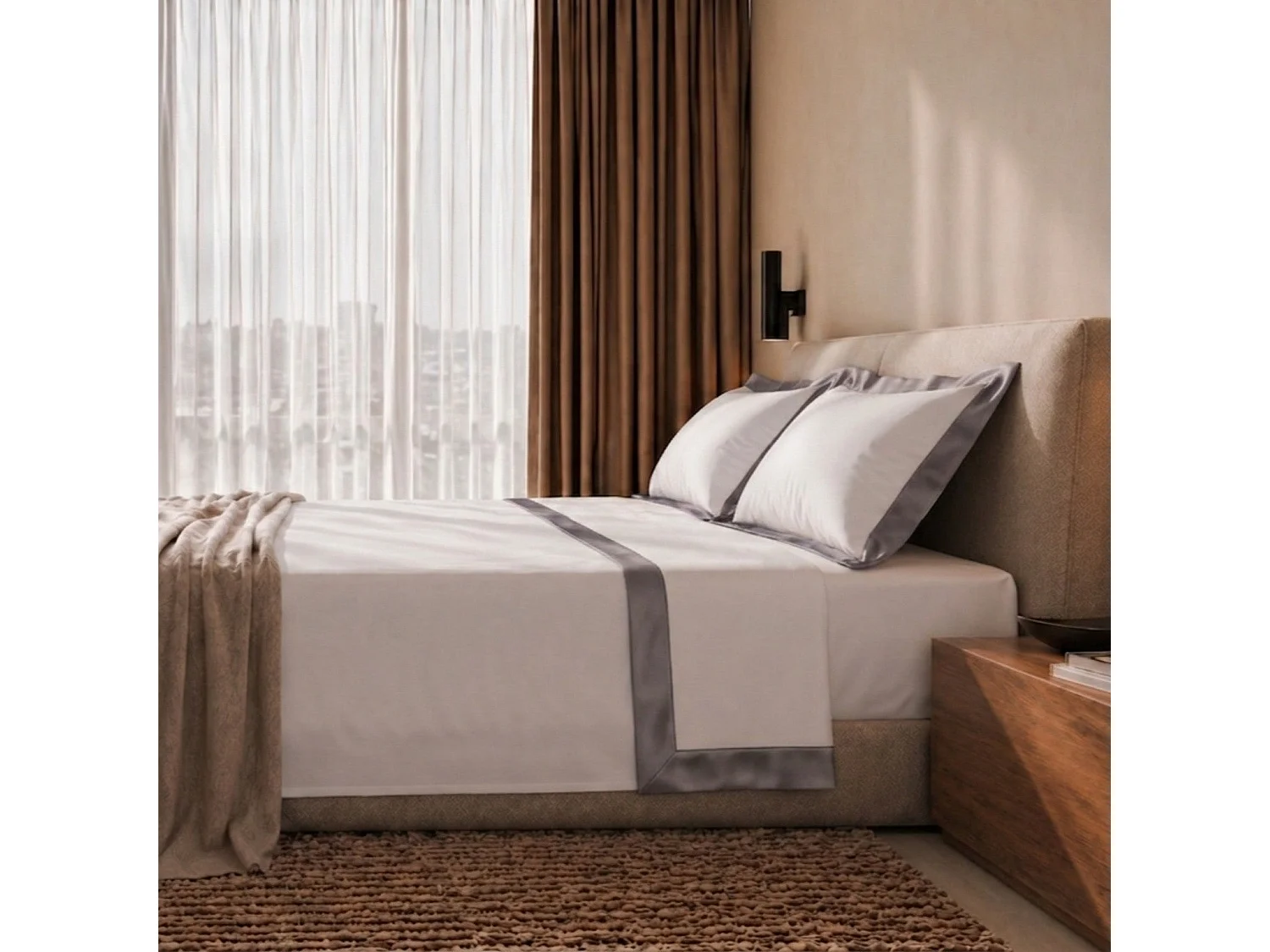 Bettwäsche-Set 120 cm 100% Baumwolle mit Satin-Bordüre Dunkelgrau | Bettlaken 190x295 cm, Spannbettlaken 130x200 cm und 1 Kissenbezug im Set
