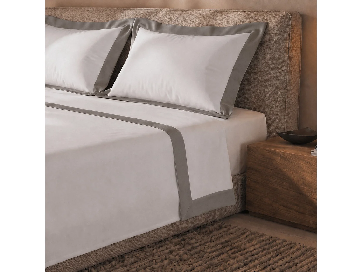 Bettwäsche-Set 120 cm 100% Baumwolle mit Satin-Bordüre Grau | Bettlaken 190x295 cm, Spannbettlaken 130x200 cm und 1 Kissenbezug im Set