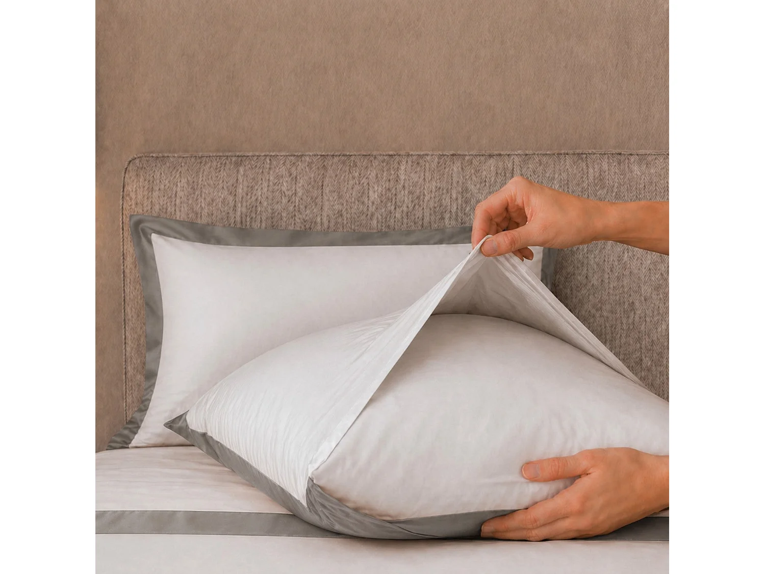 Bettwäsche-Set 120 cm 100% Baumwolle mit Satin-Bordüre Grau | Bettlaken 190x295 cm, Spannbettlaken 130x200 cm und 1 Kissenbezug im Set