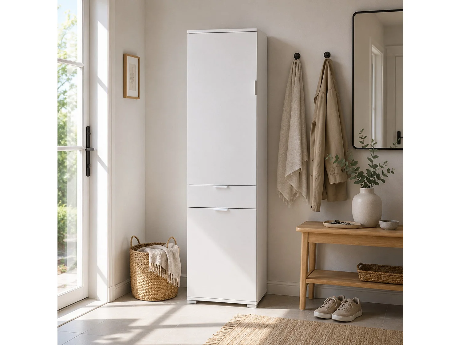 The White Stone Armadio Colonna 2 Ante con Cassetto Bianco Già Montato | Armadietto Alto per Bagno, Cucina e Lavanderia
