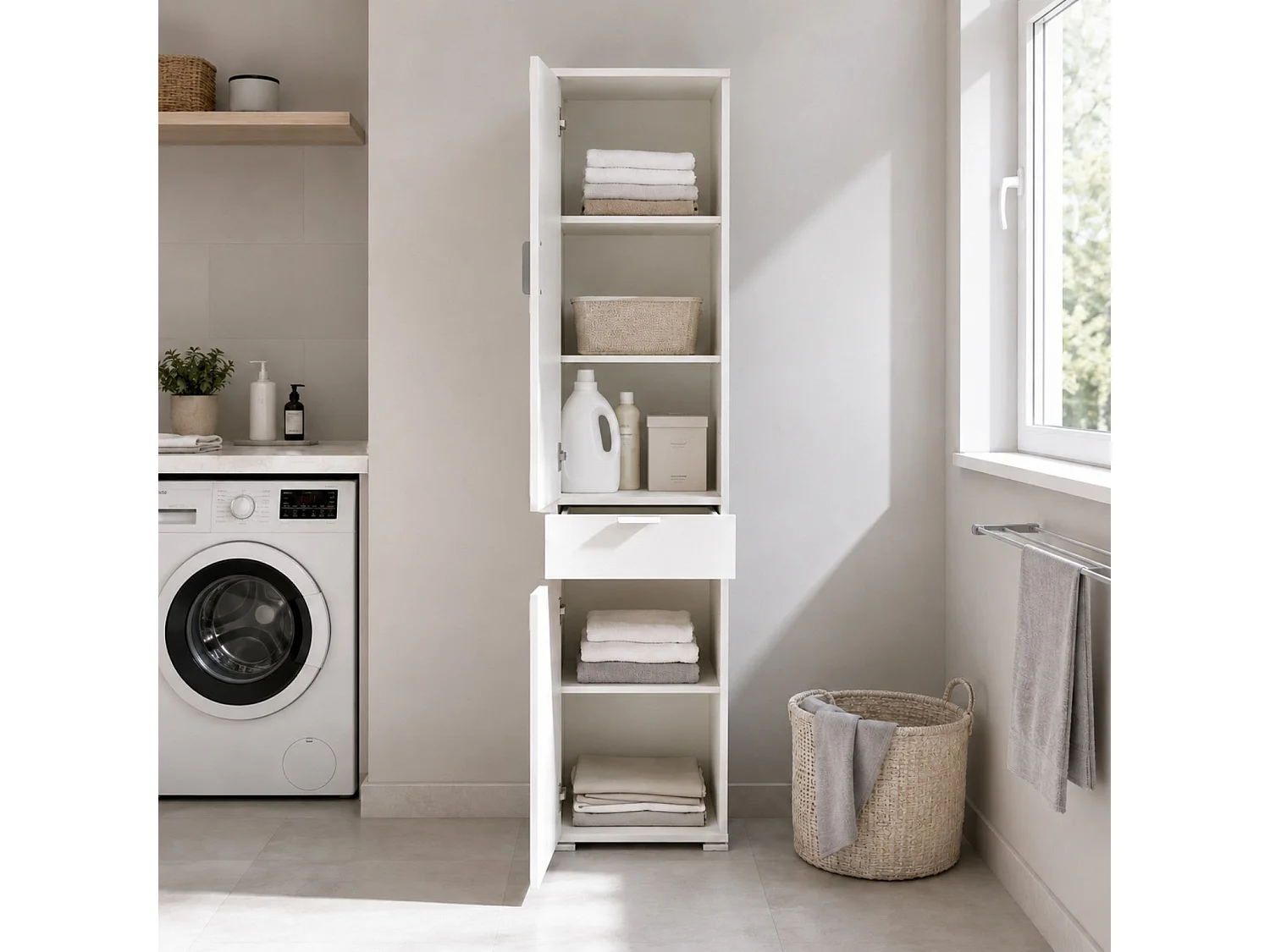 The White Stone Armadio Colonna 2 Ante con Cassetto Bianco Già Montato | Armadietto Alto per Bagno, Cucina e Lavanderia