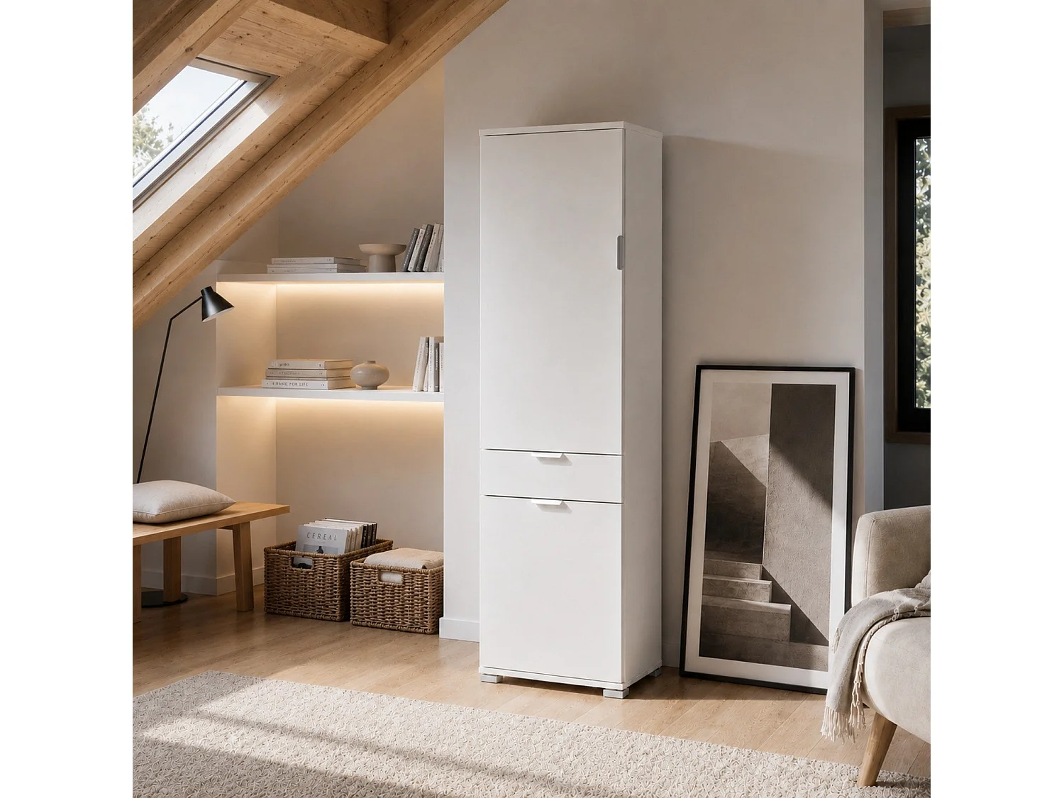 The White Stone Armadio Colonna 2 Ante con Cassetto Bianco Già Montato | Armadietto Alto per Bagno, Cucina e Lavanderia