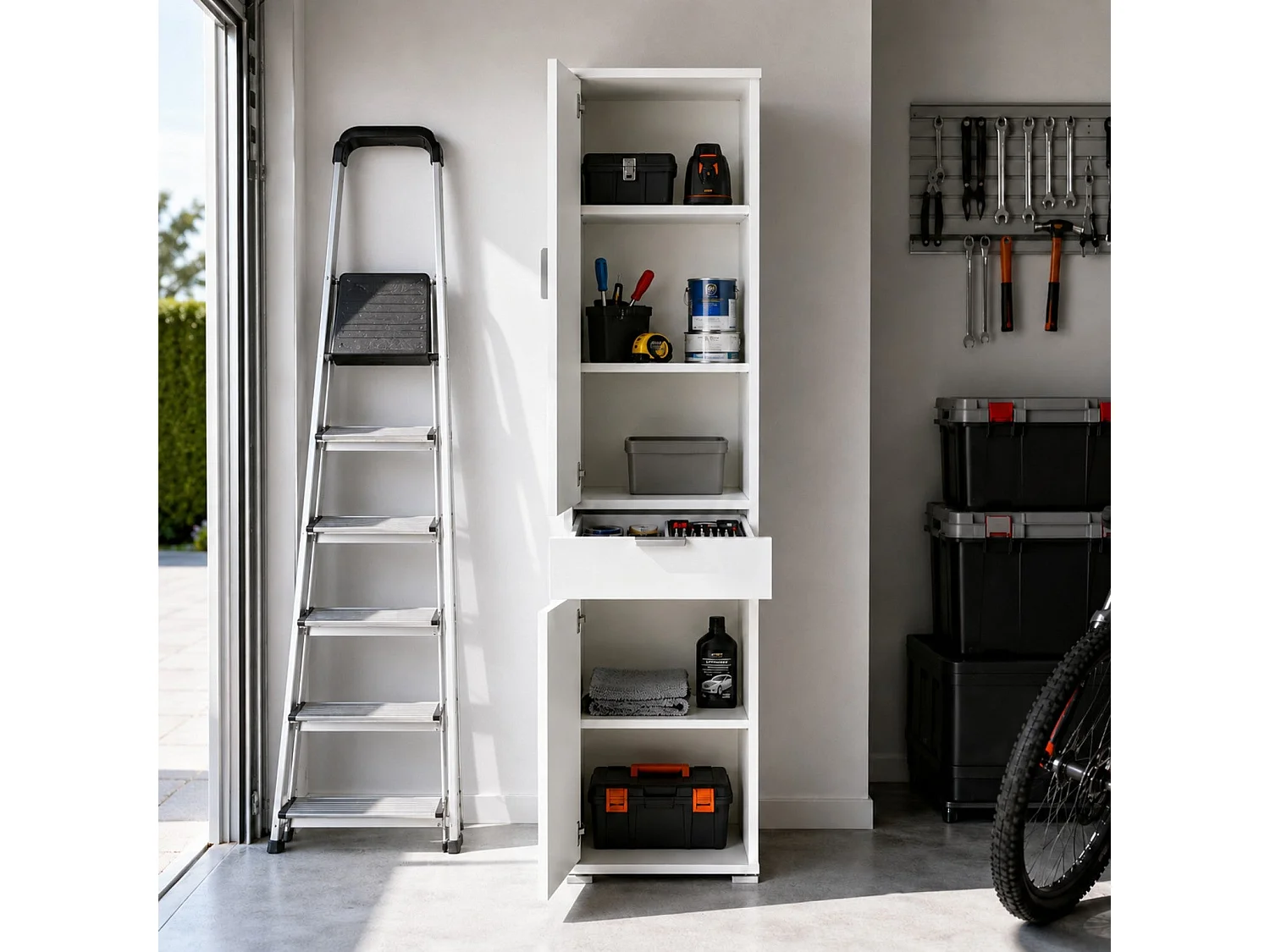 The White Stone Armadio Colonna 2 Ante con Cassetto Bianco Già Montato | Armadietto Alto per Bagno, Cucina e Lavanderia