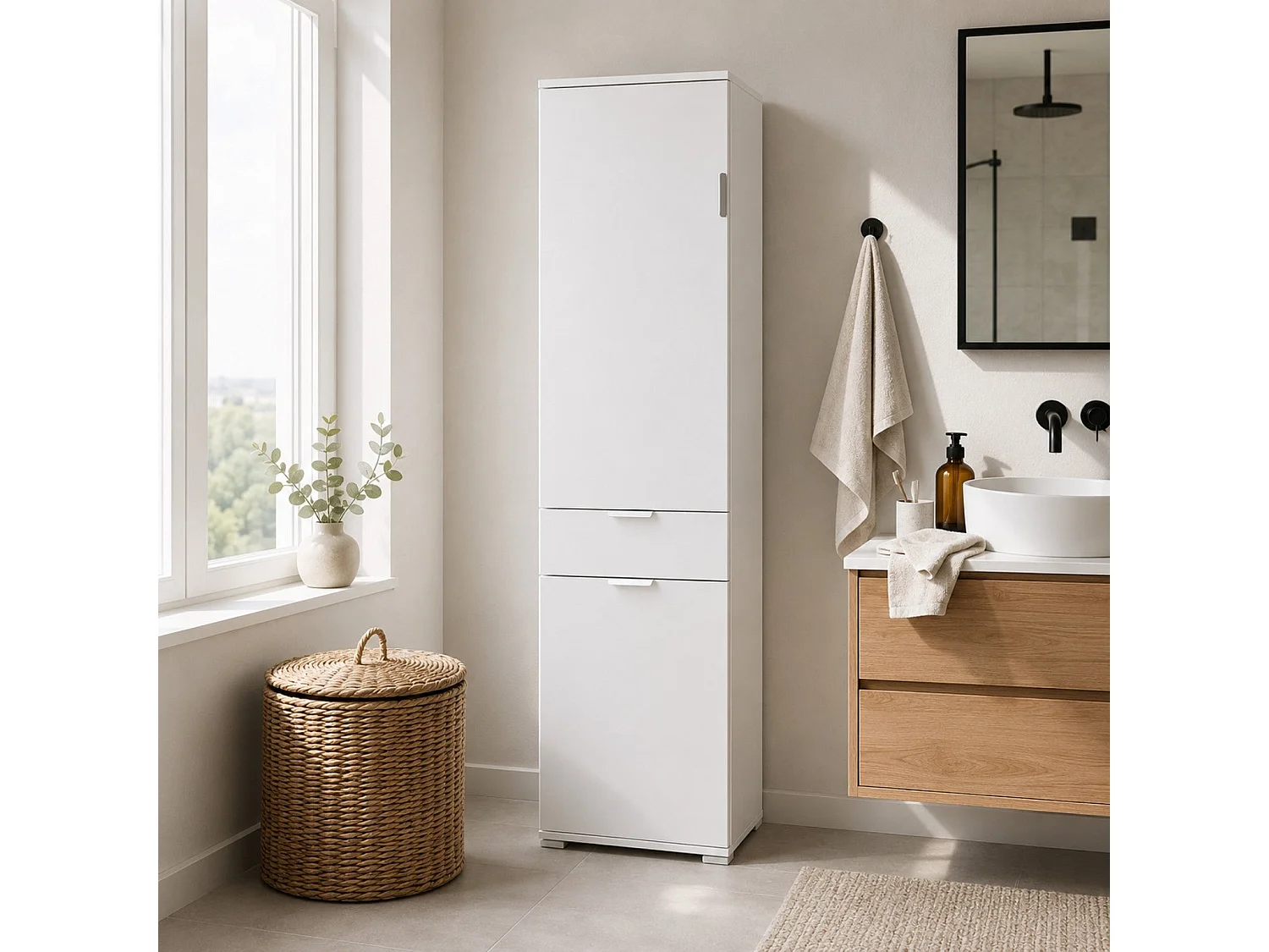 The White Stone Armadio Colonna 2 Ante con Cassetto Bianco Già Montato | Armadietto Alto per Bagno, Cucina e Lavanderia