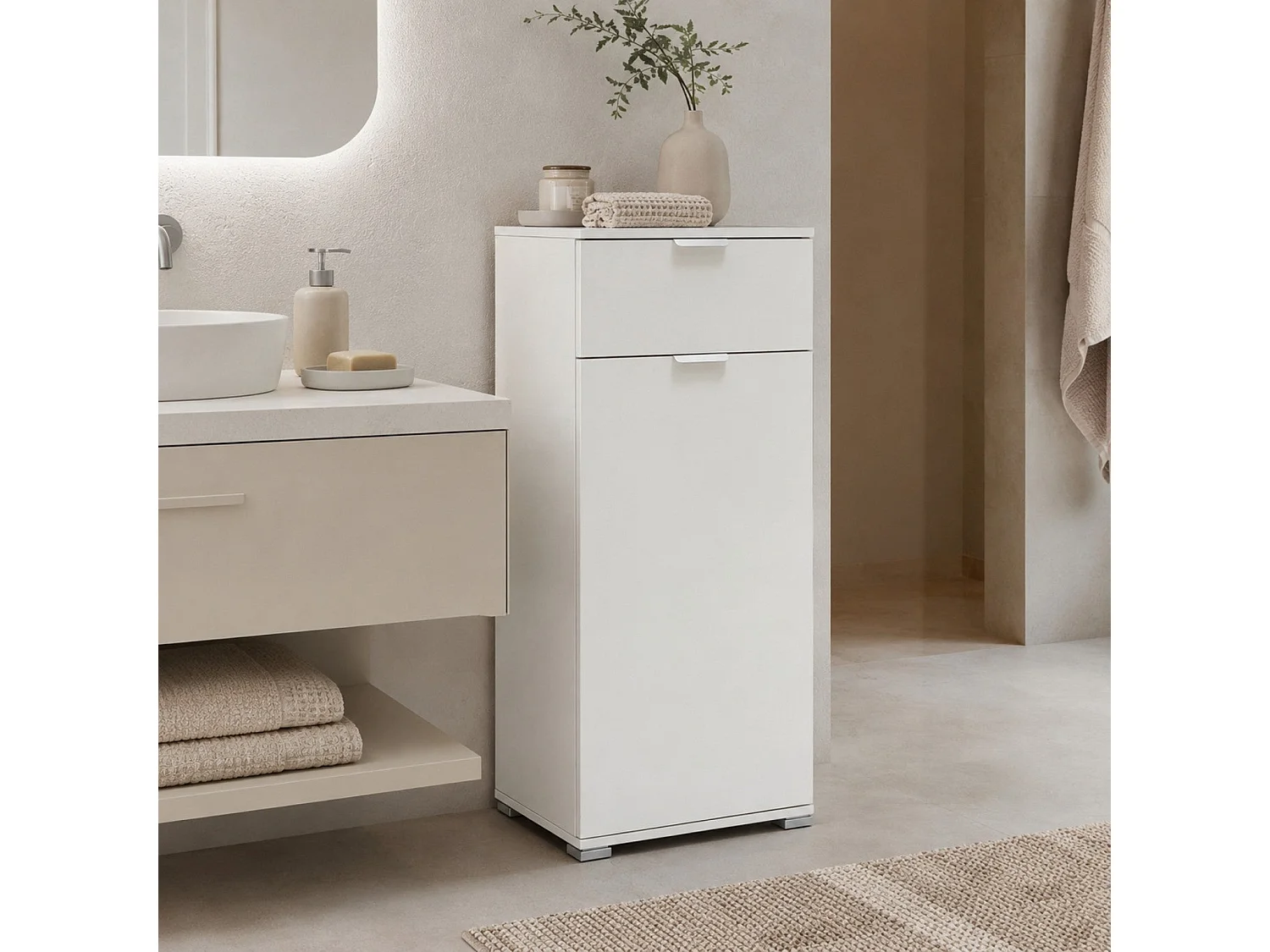 The White Stone Mobile Base con Anta e Cassetto Bianco Già Montato | Armadietto Multiuso Salvaspazio 45x103x38 cm | Mobile Bagno o Lavanderia con Ripiani Regolabili