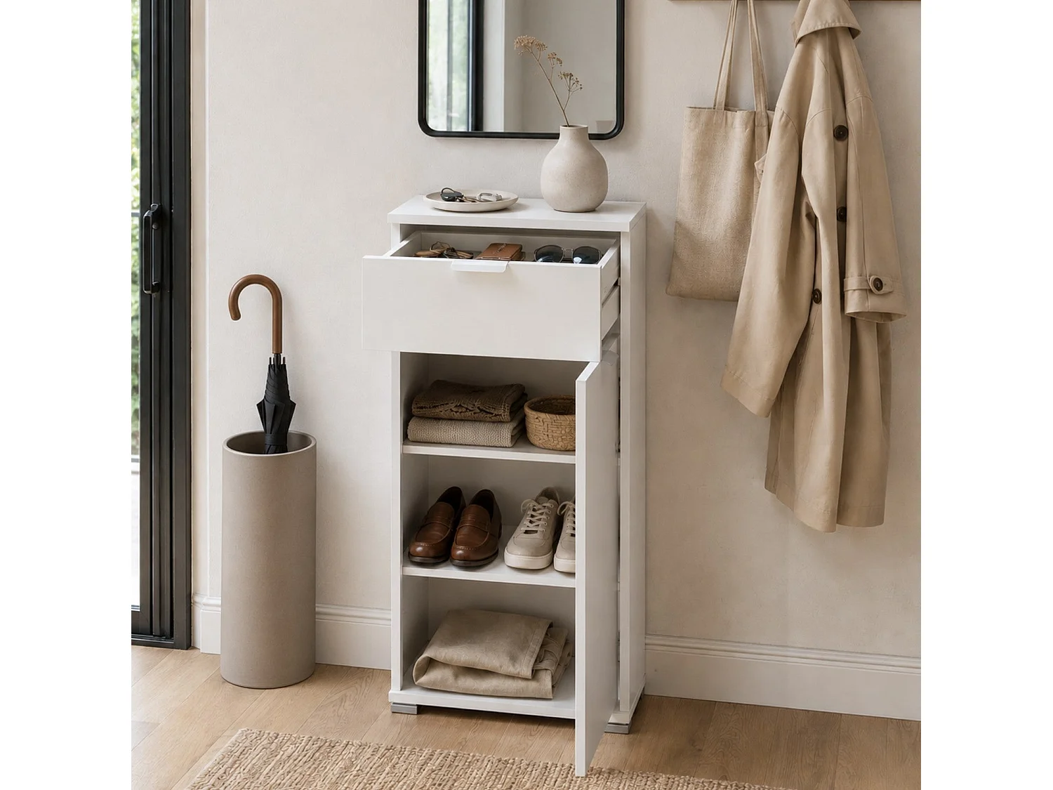 The White Stone Mobile Base con Anta e Cassetto Bianco Già Montato | Armadietto Multiuso Salvaspazio 45x103x38 cm | Mobile Bagno o Lavanderia con Ripiani Regolabili