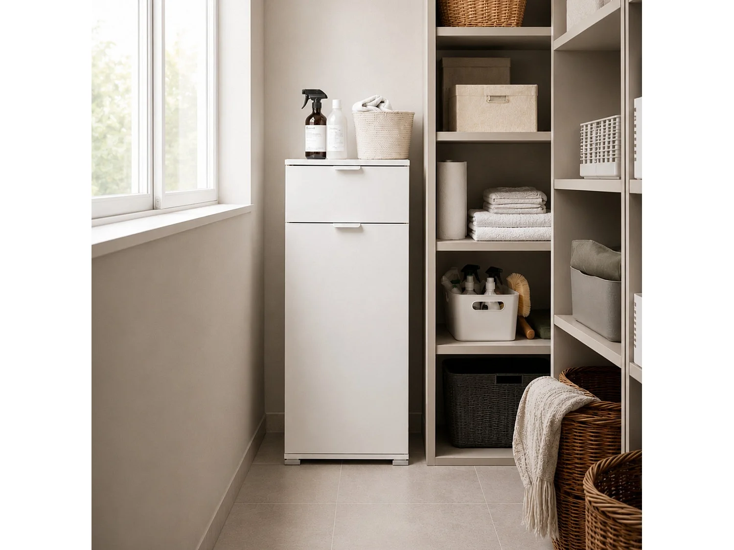 The White Stone Mobile Base con Anta e Cassetto Bianco Già Montato | Armadietto Multiuso Salvaspazio 45x103x38 cm | Mobile Bagno o Lavanderia con Ripiani Regolabili