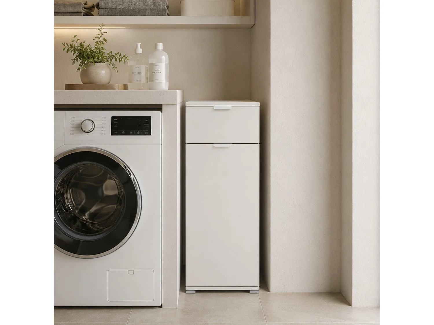 The White Stone Mobile Base con Anta e Cassetto Bianco Già Montato | Armadietto Multiuso Salvaspazio 45x103x38 cm | Mobile Bagno o Lavanderia con Ripiani Regolabili
