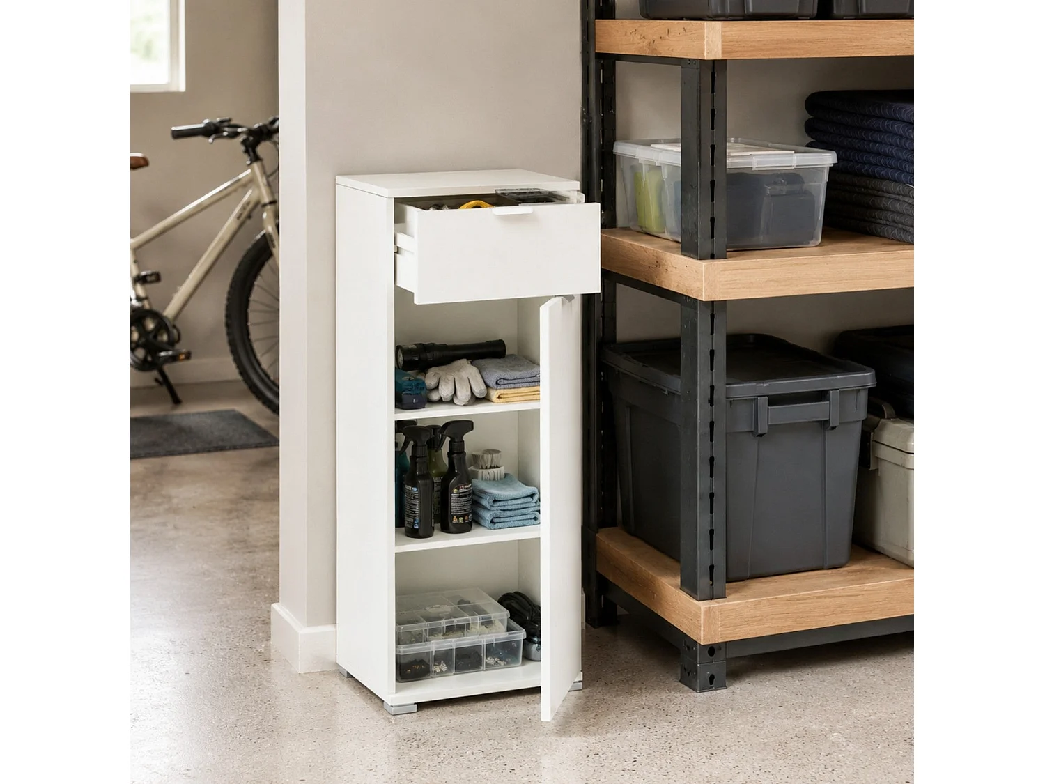 The White Stone Mobile Base con Anta e Cassetto Bianco Già Montato | Armadietto Multiuso Salvaspazio 45x103x38 cm | Mobile Bagno o Lavanderia con Ripiani Regolabili