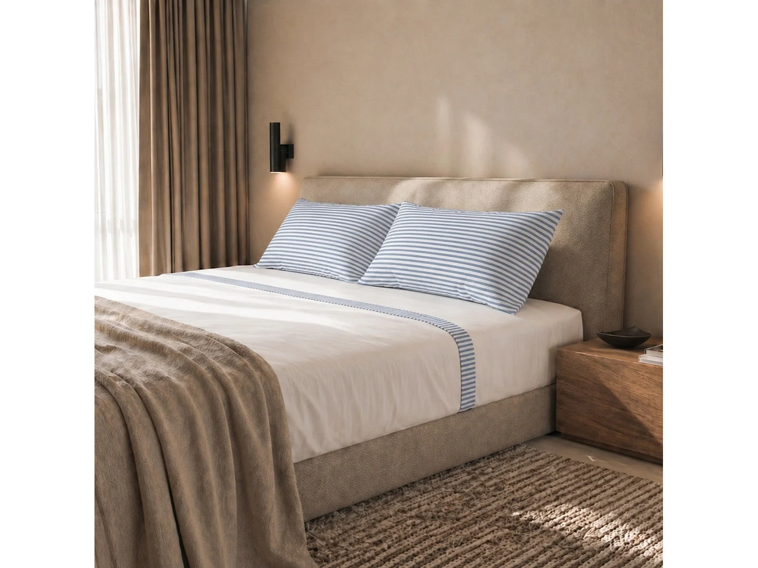 Parure de Lit 2 Personnes 175x200cm | 100% Coton | Drap Housse, Drap Plat, 2 Taie d’Oreiller | Rayures Bleu Clair