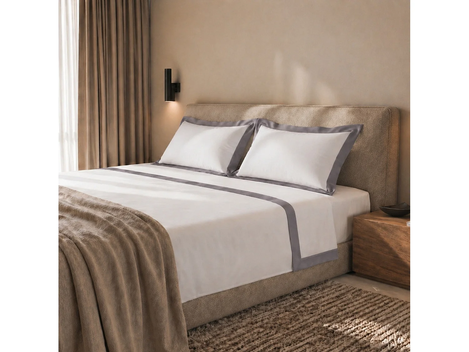Bettwäsche-Set Einzelbett 100% Baumwolle mit Satin-Bordüre Dunkelgrau | Bettlaken 160x295 cm, Spannbettlaken 90x200 cm und 1 Kissenbezug im Set