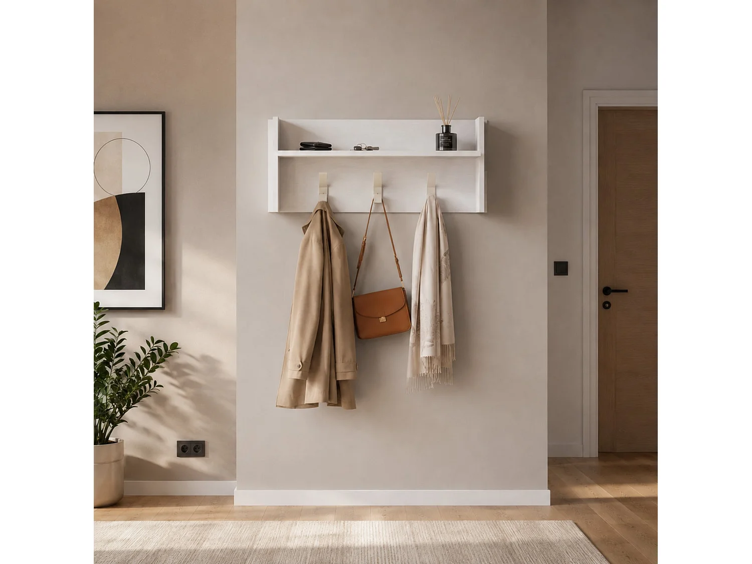The White Stone Porte-manteau mural blanc avec étagère et 3 crochets | vestiaire mural entrée gain de place | 90x29x34 cm