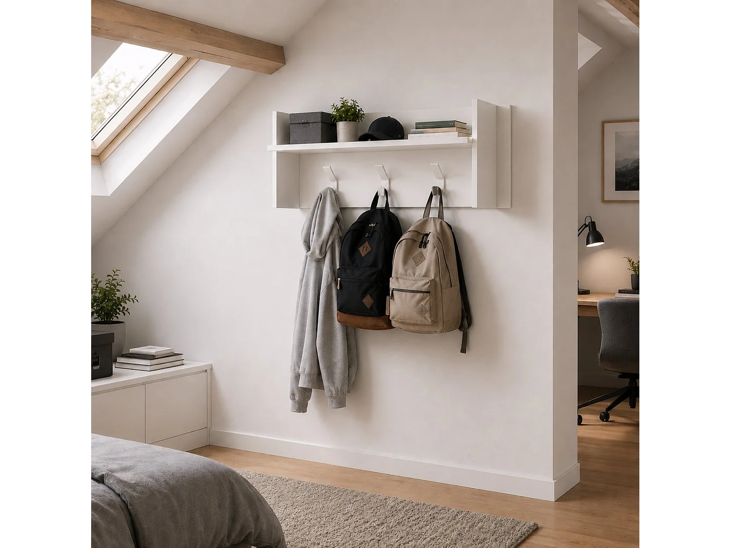 The White Stone Porte-manteau mural blanc avec étagère et 3 crochets | vestiaire mural entrée gain de place | 90x29x34 cm