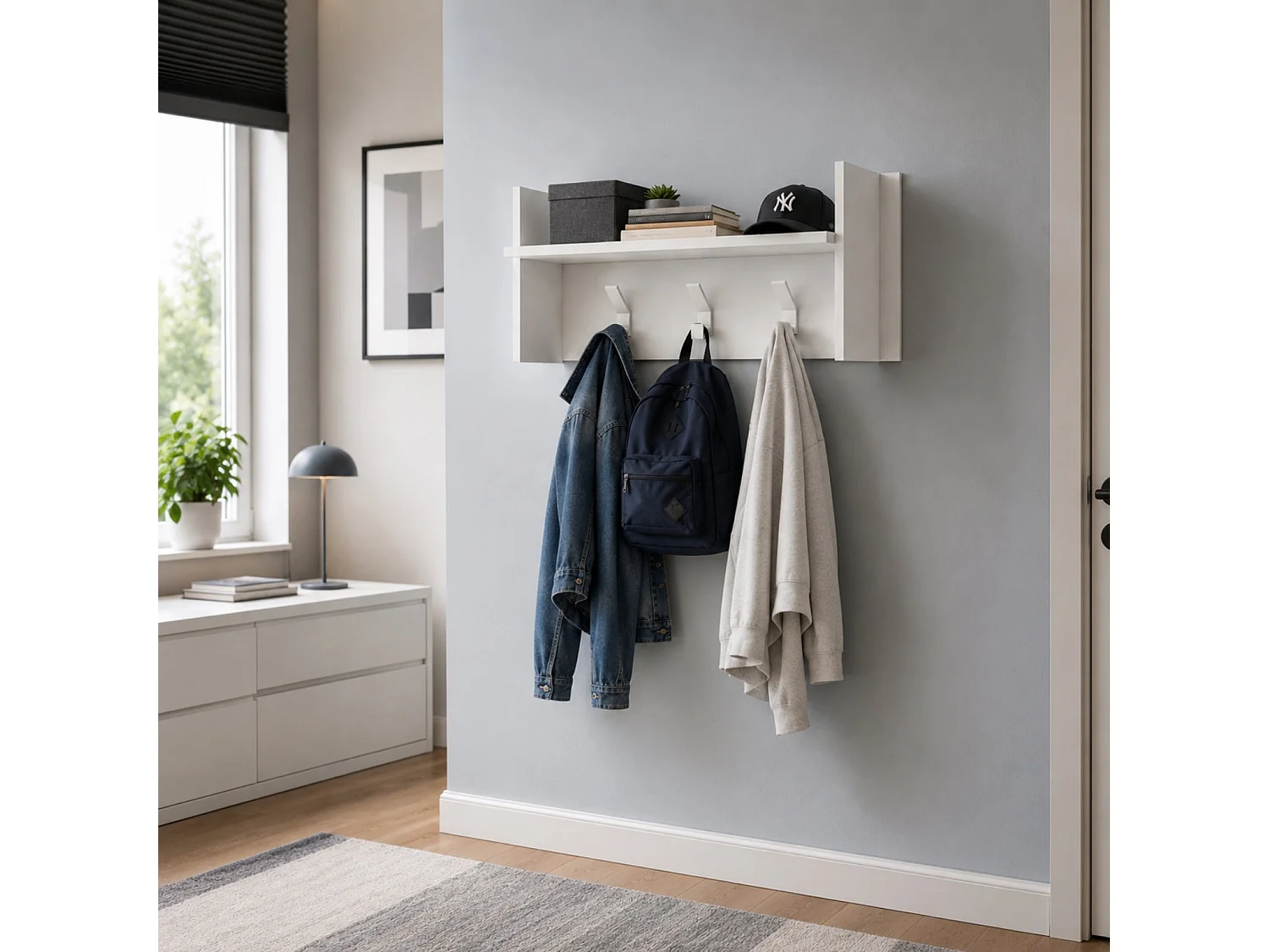 The White Stone Porte-manteau mural blanc avec étagère et 3 crochets | vestiaire mural entrée gain de place | 90x29x34 cm