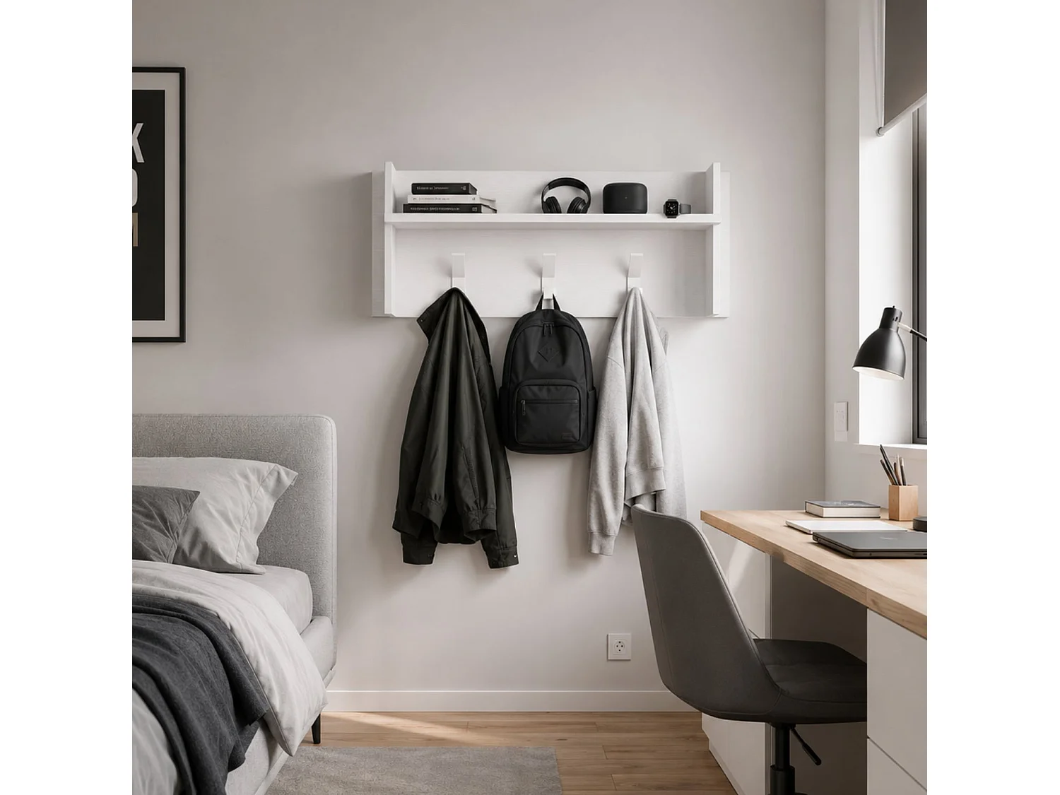 The White Stone Porte-manteau mural blanc avec étagère et 3 crochets | vestiaire mural entrée gain de place | 90x29x34 cm