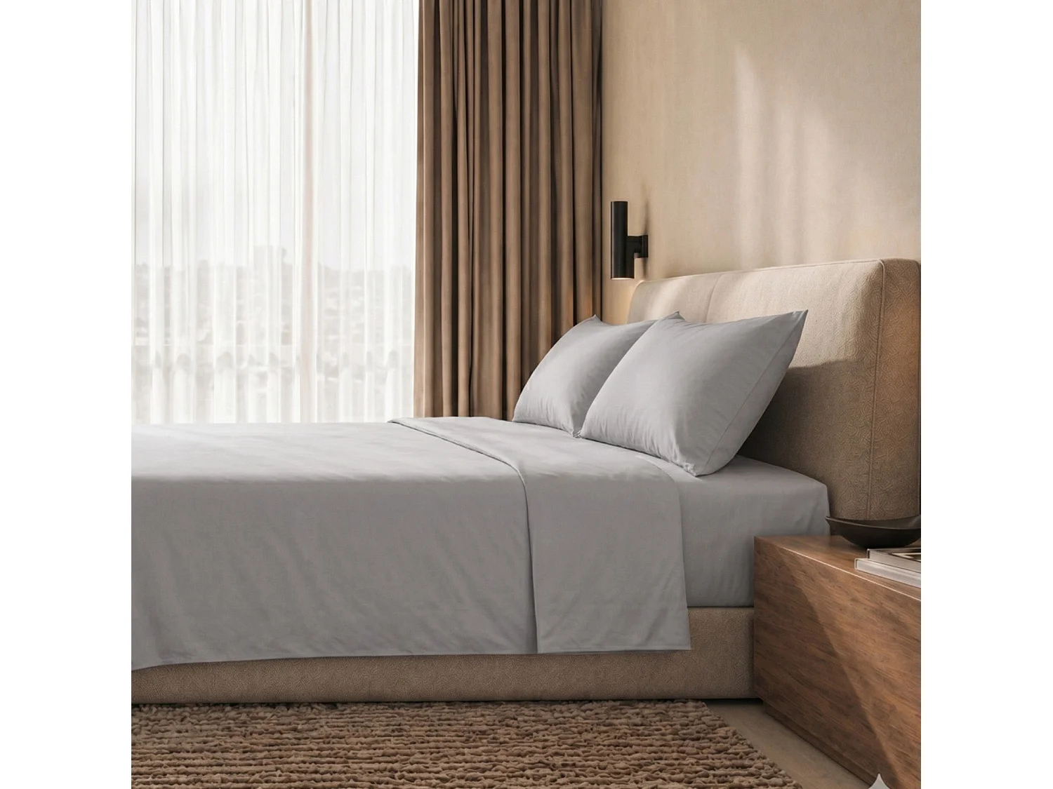 Lakenset Tweepersoons 100% Katoen Percal 200 TC Lichtgrijs | Hoeslaken 180x200 cm, Laken 250x295 cm, Steghoogte 28 cm en 2 Kussenslopen | Made in Italy