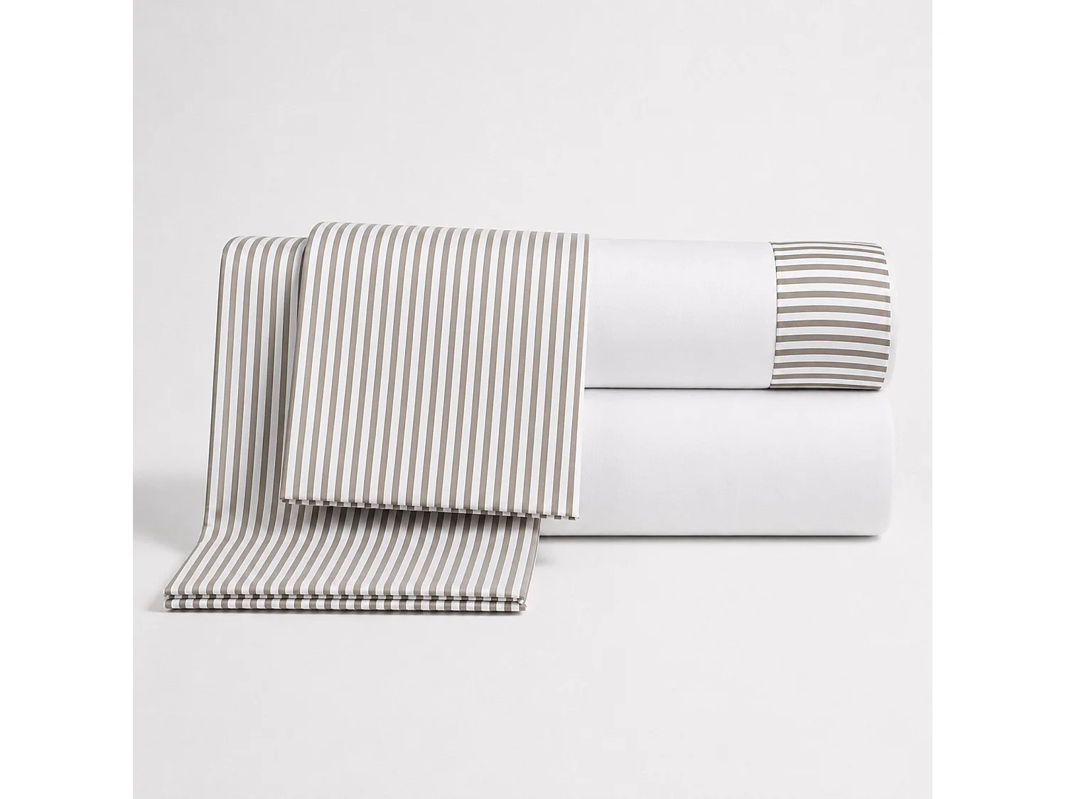 Parure de Lit 2 Personnes 175x200cm | 100% Coton | Drap Housse, Drap Plat, 2 Taie d’Oreiller | Rayures Taupe