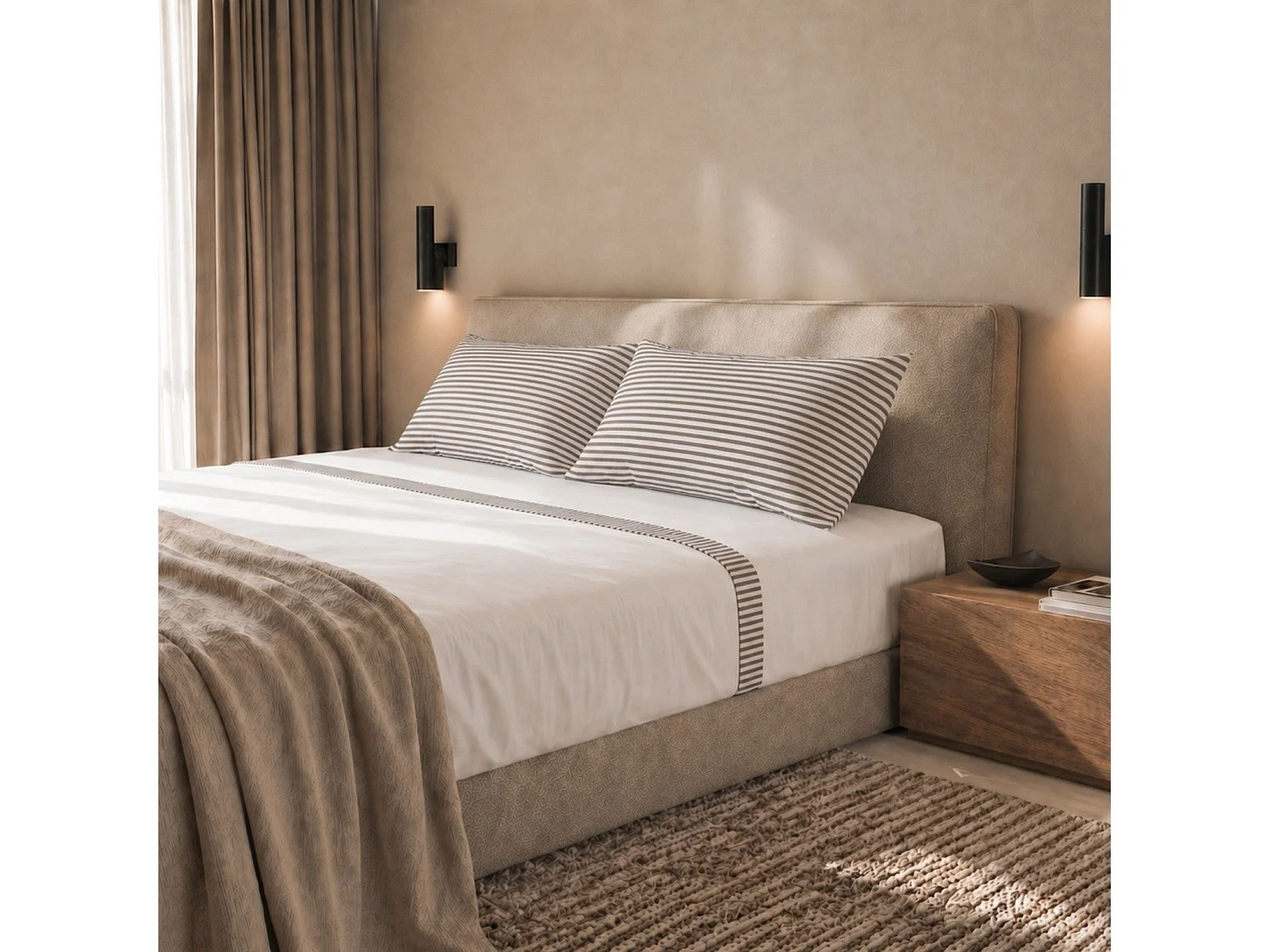 Parure de Lit 2 Personnes 175x200cm | 100% Coton | Drap Housse, Drap Plat, 2 Taie d’Oreiller | Rayures Taupe