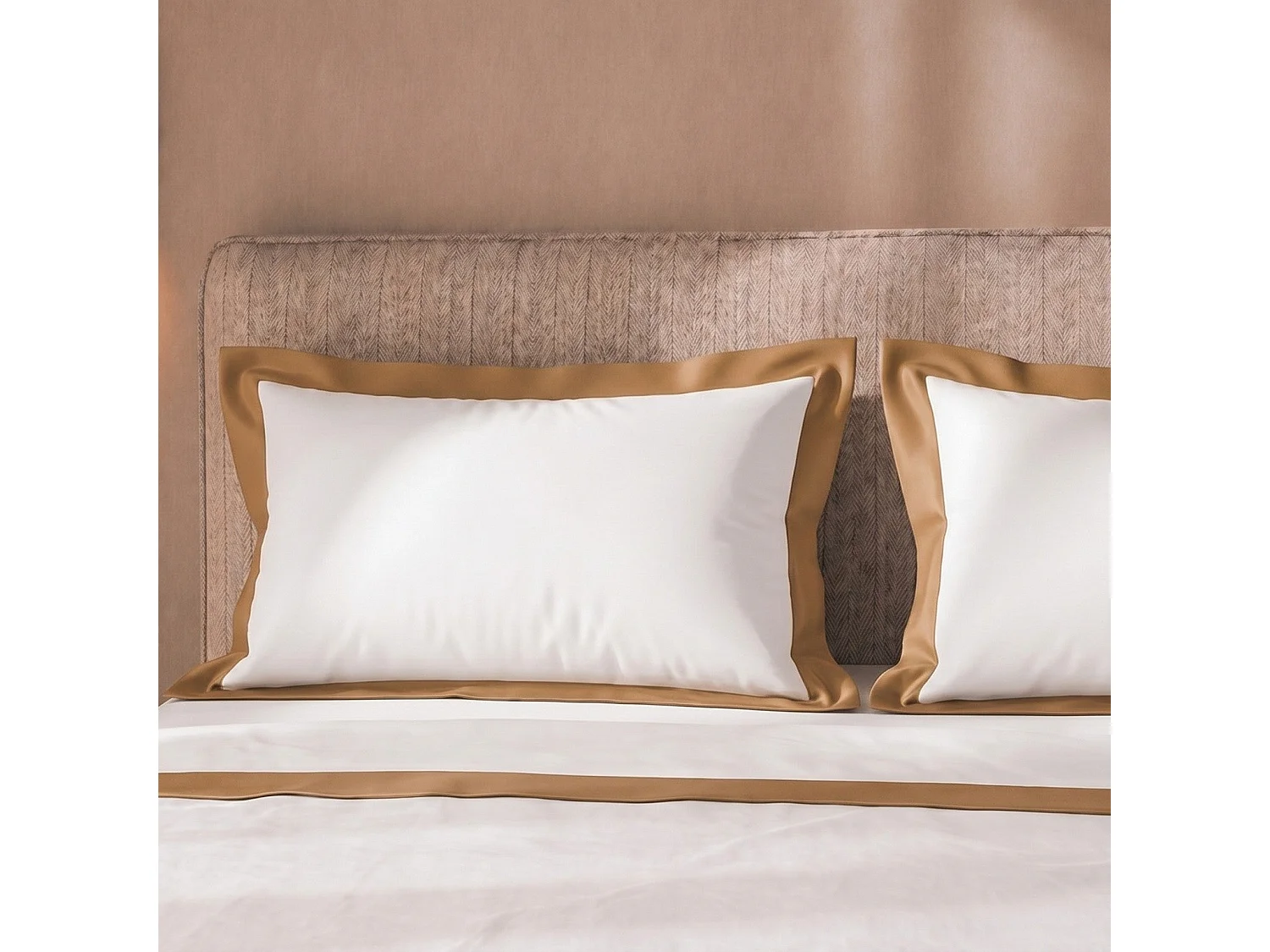 Bettwäsche-Set 120 cm 100% Baumwolle mit Satin-Bordüre Beige | Bettlaken 190x295 cm, Spannbettlaken 130x200 cm und 1 Kissenbezug im Set