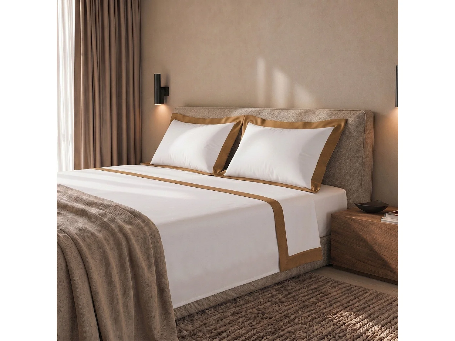 Bettwäsche-Set 120 cm 100% Baumwolle mit Satin-Bordüre Beige | Bettlaken 190x295 cm, Spannbettlaken 130x200 cm und 1 Kissenbezug im Set