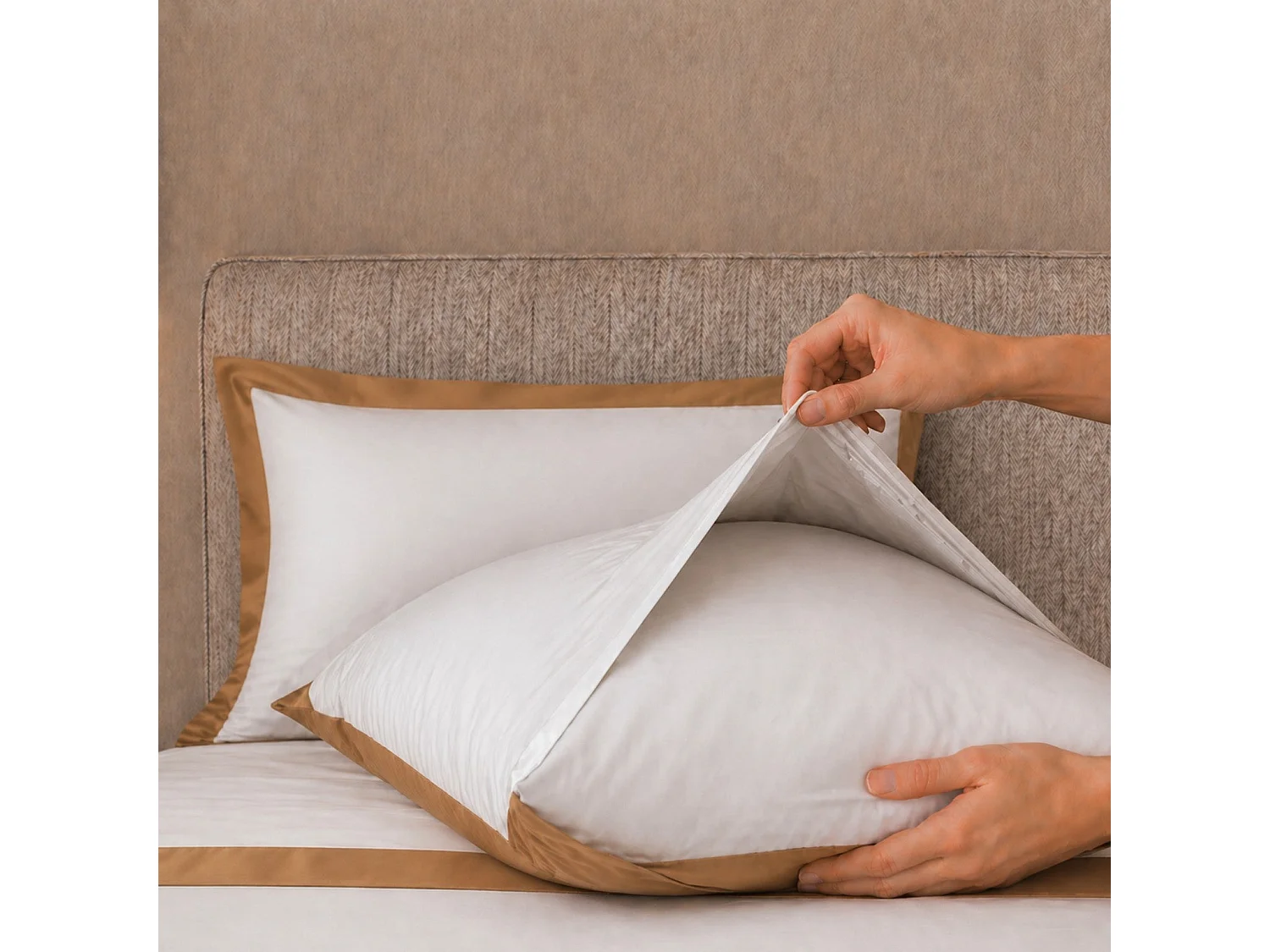 Bettwäsche-Set 120 cm 100% Baumwolle mit Satin-Bordüre Beige | Bettlaken 190x295 cm, Spannbettlaken 130x200 cm und 1 Kissenbezug im Set