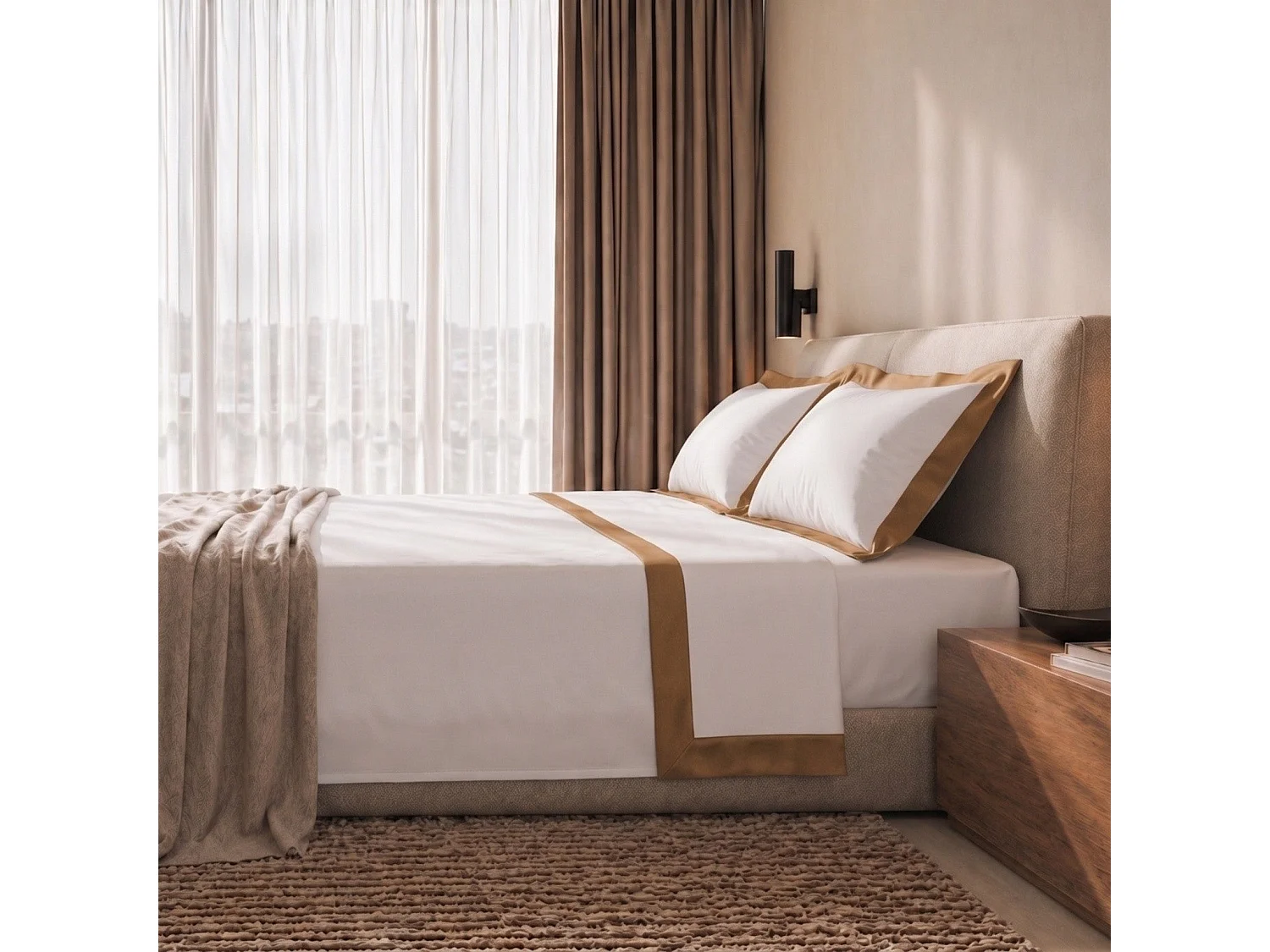 Bettwäsche-Set 120 cm 100% Baumwolle mit Satin-Bordüre Beige | Bettlaken 190x295 cm, Spannbettlaken 130x200 cm und 1 Kissenbezug im Set