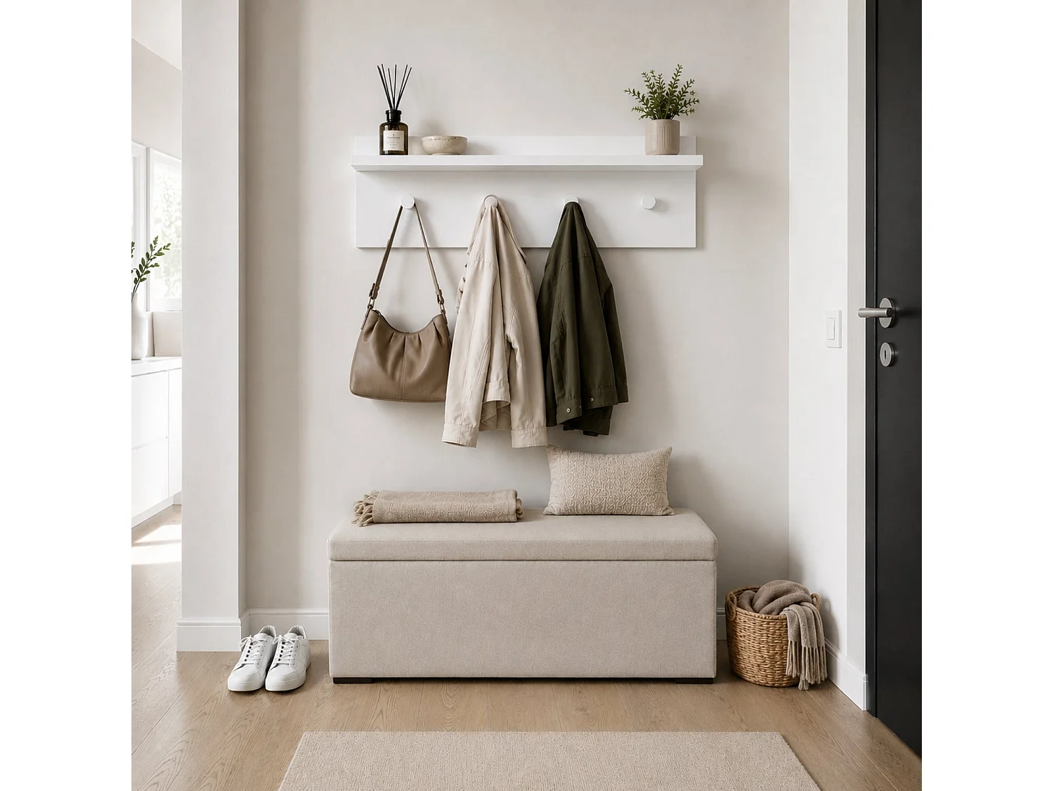 The White Stone Porte-manteau mural compact 4 crochets avec étagère | patère murale entrée moderne gain de place | 80x15x23 cm