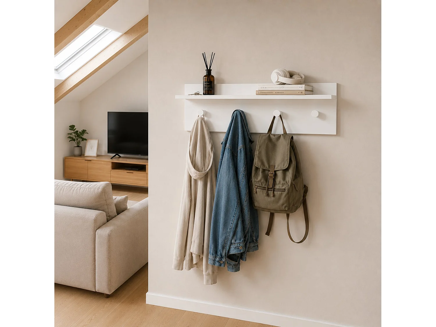 The White Stone Porte-manteau mural compact 4 crochets avec étagère | patère murale entrée moderne gain de place | 80x15x23 cm