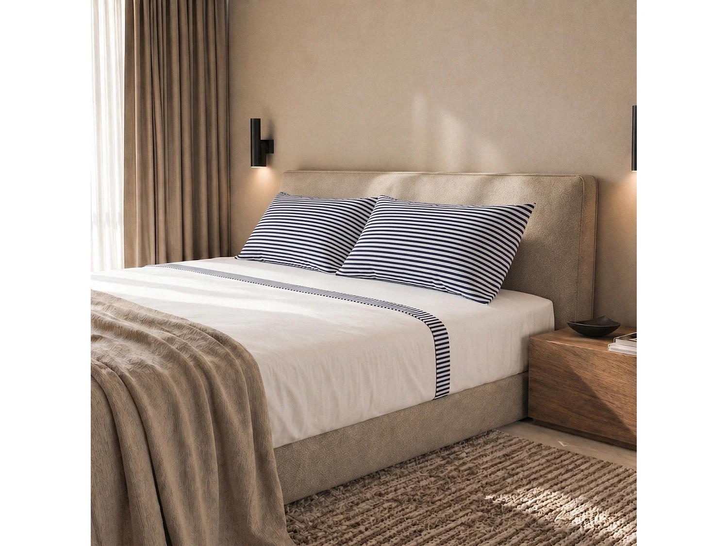 Parure de Lit 2 Personnes 175x200cm | 100% Coton | Drap Housse, Drap Plat, 2 Taie d’Oreiller | Rayures Bleu