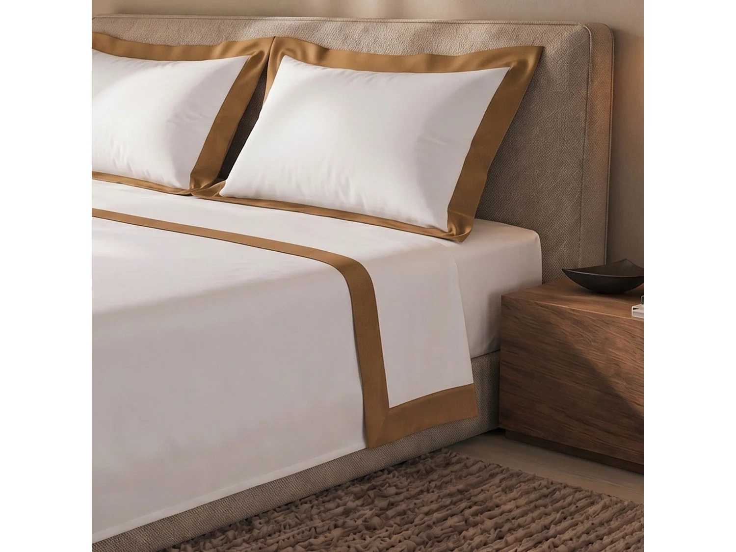 Bettwäsche-Set Einzelbett 100% Baumwolle mit Satin-Bordüre Beige | Bettlaken 160x295 cm, Spannbettlaken 90x200 cm und 1 Kissenbezug im Set