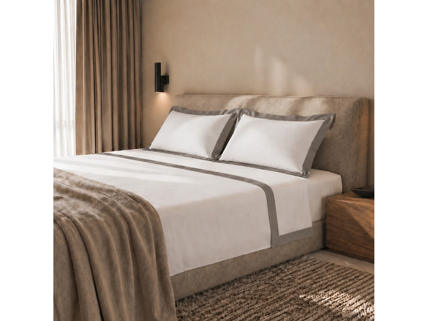 Bettwäsche-Set Doppelbett 100% Baumwolle mit Satin-Bordüre Grau | Bettlaken 250x295 cm, Spannbettlaken 175x200 cm und 2 Kissenbezüge im Set