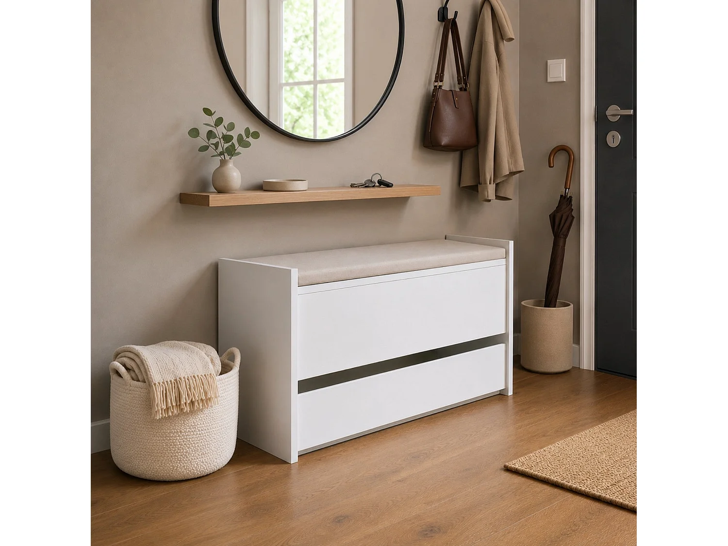 The White Stone Sitzbank mit Stauraum Weiß mit Unterer Schublade und Innenfach | Flurbank Platzsparend mit Soft Close | Schuhbank Mehrzwecktruhe 90x40x46 cm