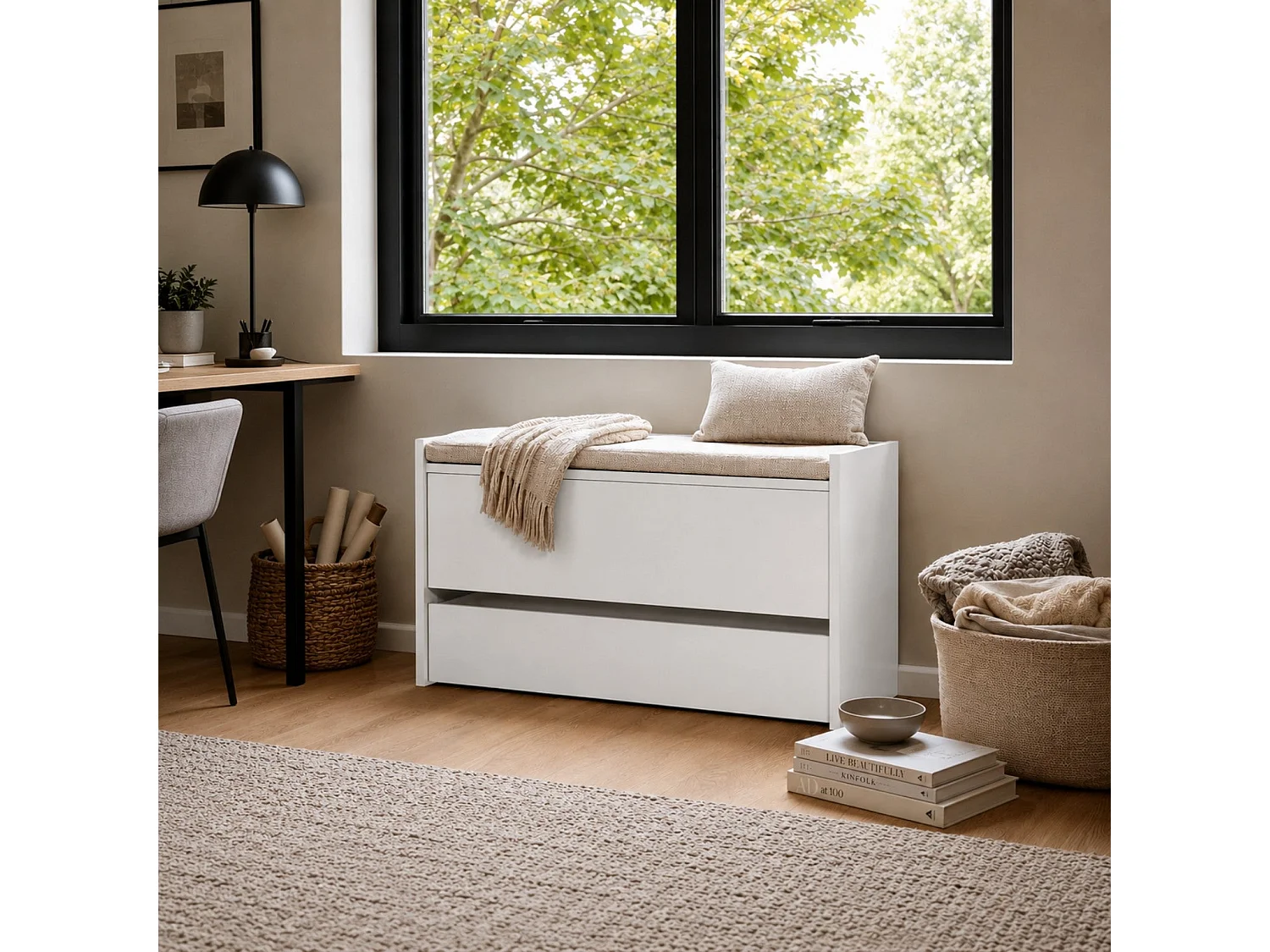 The White Stone Sitzbank mit Stauraum Weiß mit Unterer Schublade und Innenfach | Flurbank Platzsparend mit Soft Close | Schuhbank Mehrzwecktruhe 90x40x46 cm
